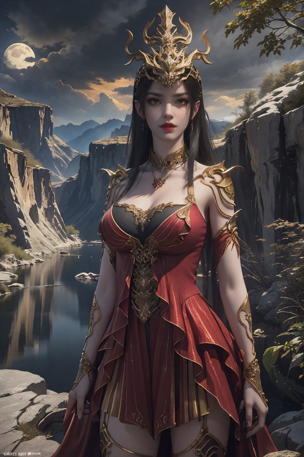 masterpiece,best quality,official art,extremely detailed CG unity 8k wallpaper,realistic,1girl,looking at viewer,headpiece,cowboy shot,arms behind back,dark background,canyon,river,moon,lotus,<lora:美杜莎v4:0.6>,