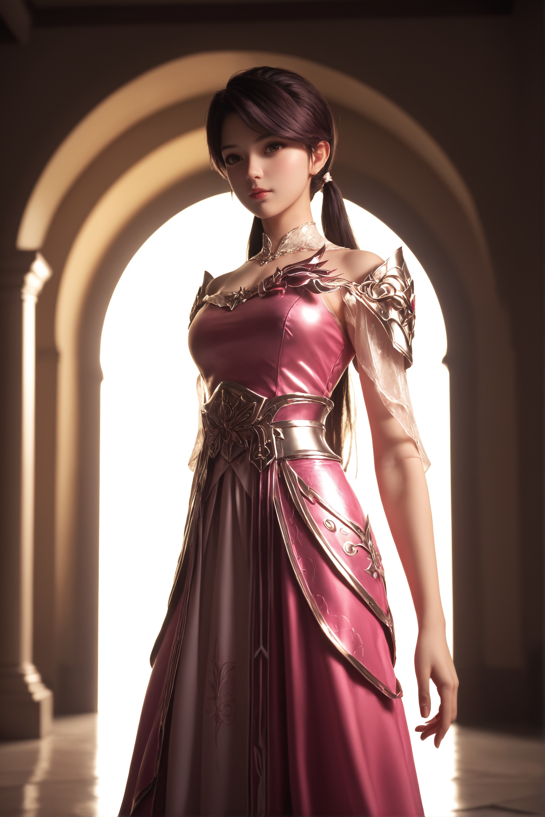 score_9,score_8_up,score_7_up,best quality,masterpiece,high resolution,flawless skin,perfect lighting,sharp focus,1girl,solo,<lora:罗嫣:0.7>,armor,dress,long hair,pink dress,ponytail,twintails,