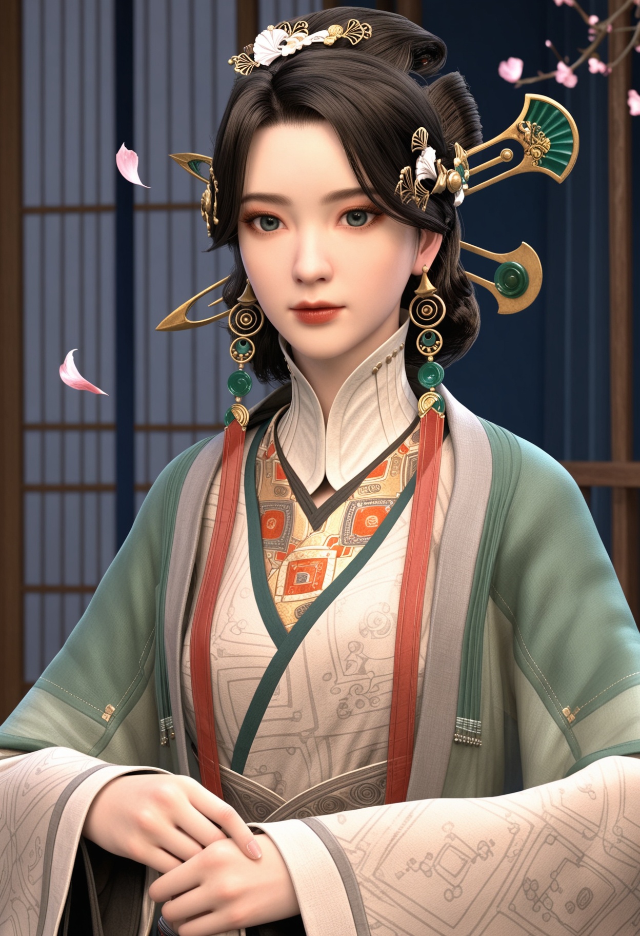 (upper_body:1.2),(looking at viewer:1.1),masterpiece,(best quality),smog,Dark room,dim lighting,peach blossom,falling petals,<lora:YQ_Illustrious光辉v5_须妍_V1:0.8>,q1528437228,1girl,solo,jewelry,hair ornament,earrings,chinese clothes,black hair,hanfu,brown hair,long sleeves,wide sleeves,hair stick,green eyes,updo,hair bun,tassel,blue eyes,black eyes,brown eyes,necklace,hair flower,