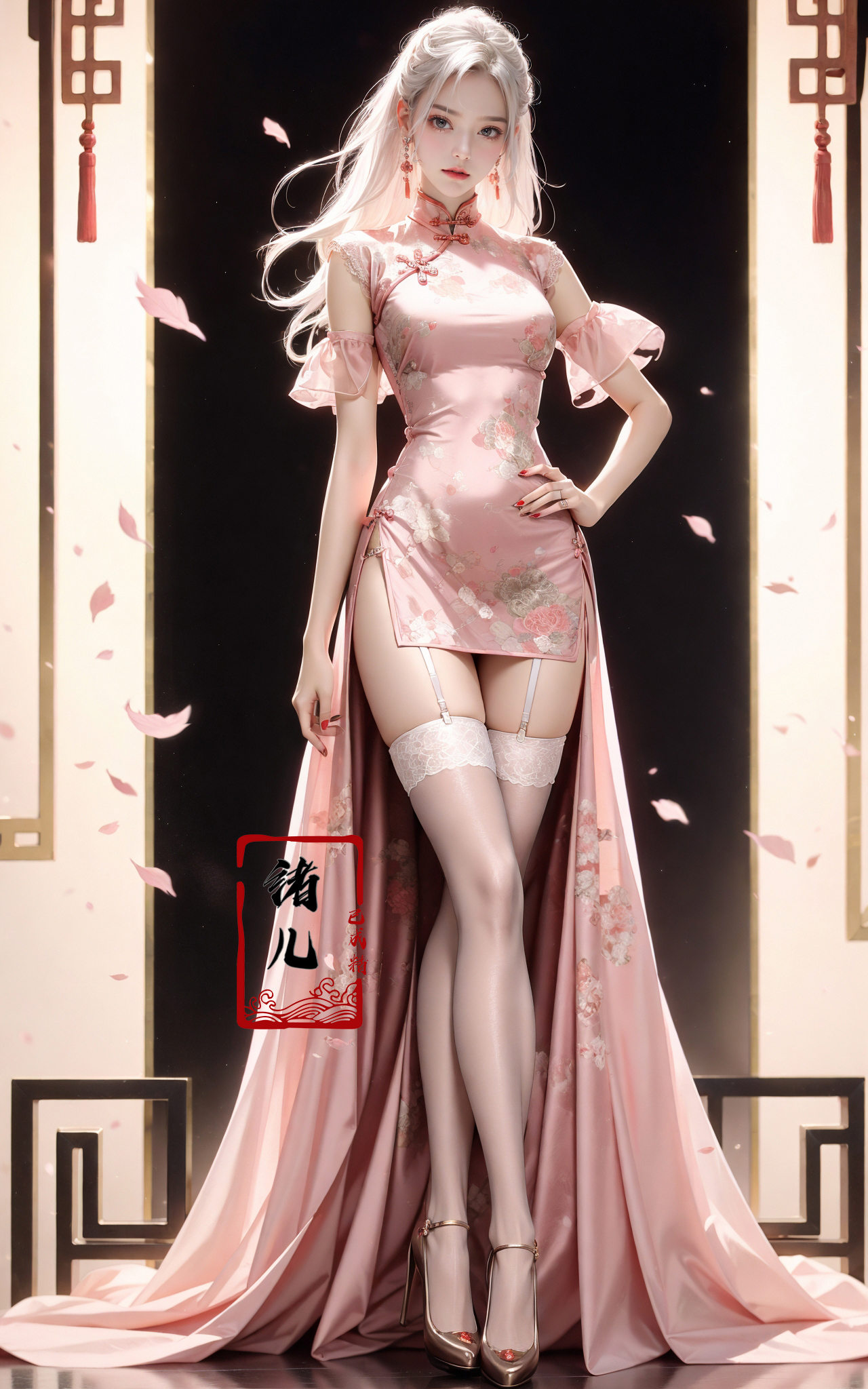 Black background,  Fashion cheongsam,  nail polish on Tensor.Art