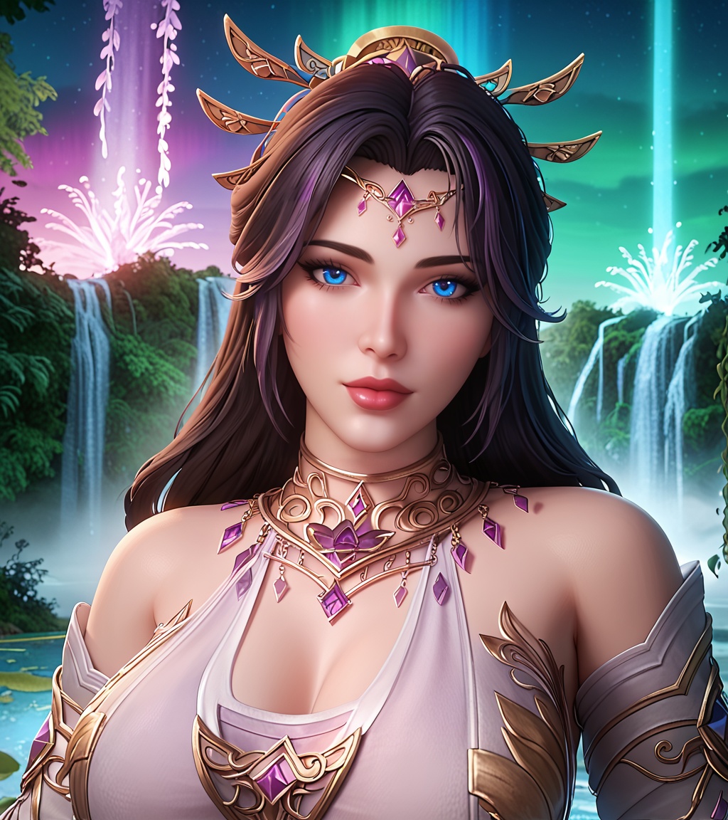 score_9,score_8_up,score_7_up,source_realistic,rating_safe,<lora:monv-000008:0.85>,monv,upper body,(looking at viewer),1girl,solo,blue eyes,forehead jewelry,jewelry,hair ornament,necklace,clothing cutout,detached sleeves,detached collar,collared dress,in an enchanted forest,ethereal fantasy,divine radiance,ancient glowing trees with bioluminescent bark,floating crystal islands draped in wisteria vines,prismatic waterfall cascading into stardust pool,celestial constellations reflected in water,swirling astral energy vortex,golden runes floating in air,dappled moonlight through crystal leaves,aurora borealis in twilight sky,soft luminescent fog,