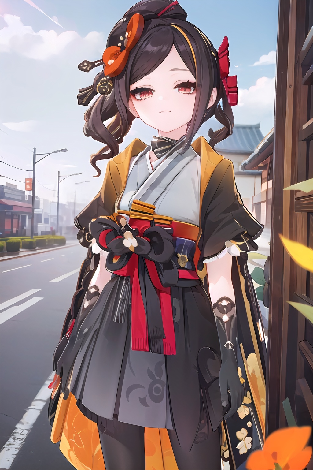insanely detailed,absurdres,ultra-highres,ultra-detailed,best quality,slender,kawaii,perfect symmetrical face,ultra cute girl,ultra cute face,ultra detailed eyes,ultra detailed hair,ultra cute,ultra beautifu,Chiori,solo,1girl,red eyes,short sleeves,neck ribbon,overlapping collar,japanese clothes,kimono skirt,black gloves,elbow gloves,black footwear,black pantyhose,outdoors,<lora:qianzhi_2-000005:1>,
