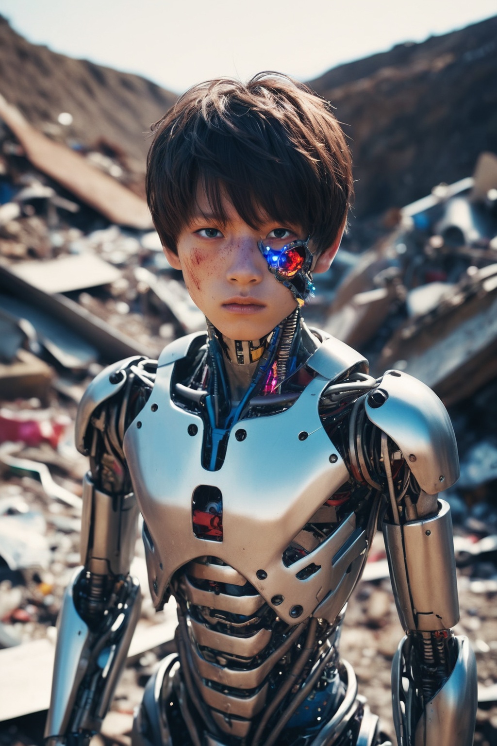 (1boy) Photo of a broken ruined cyborg boy (Jung Jacob Kook) in a landfill,  robot,  body is broken with scares and holes...