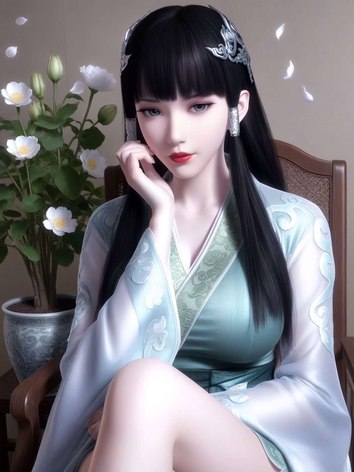 masterpiece,ultra-HD,photorealistic,high detail,best quality,8k,best quality,sharp focus,ray-tracing,1girl,breasts,large breasts,long hair,hair ornament,black hair,lipstick,bangs,long sleeves,dress,wide sleeves, sitting,chair,falling petals,eyelashes,solo,looking at viewer,enchanting expression,red lips,Flower Potted Plants,<lora:SF_XinYueHu_ILv4050_Real-000004:0.7>,