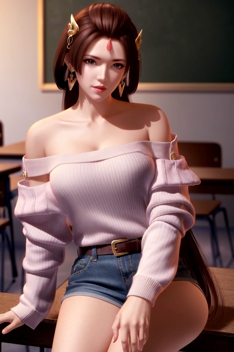 ((HRD, HUD, 8K)),((masterpiece, best quality)), highly detailed,1girl, solo, forehead mark, brown hair, hair ornament, hair rings, long hair, brown eyes, lips, jewelry, earrings, (off-shoulder sweater:1.2), denim shorts, black pantyhose, blurry background, classroom, chalkboard, sitting, cowboy shot, looking at viewer, <lora:20240513-1715564123441:0.7>
