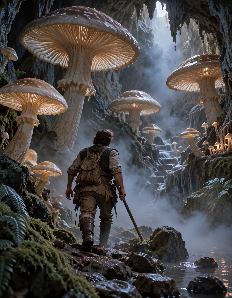 A young ***** adventurer entering a cavern filled with enormous translucent mushrooms,  handmade foam and latex vegetation...