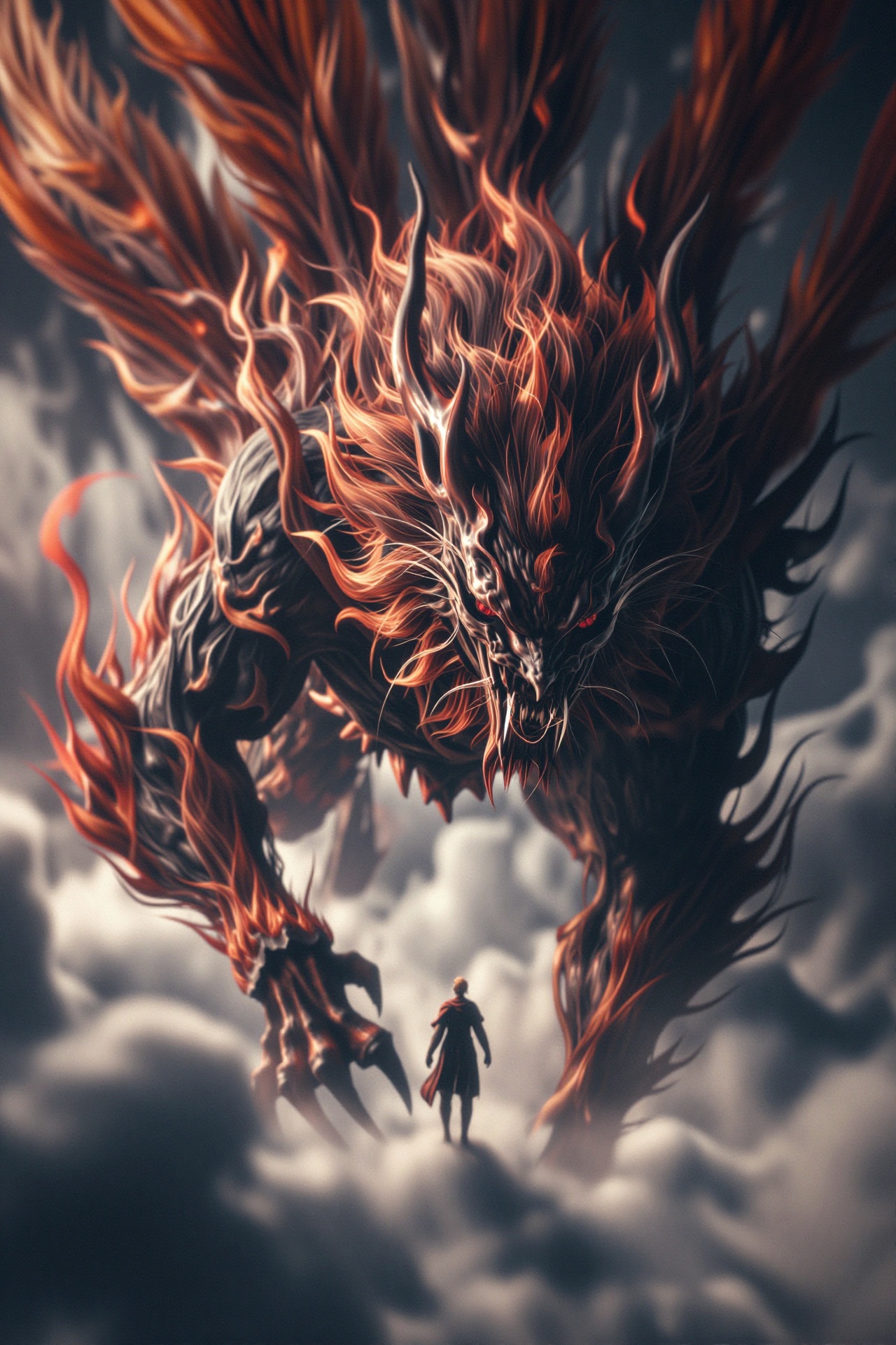 YY Anime style,CG质感，以玄幻风格呈现的古代朱雀的特写，风云构成神兽，云雾缭绕且凶猛翻滚，低下头俯视着渺小的人，色彩丰富，夸张惊悚恐怖的压抑的气氛。细节拉满，虚拟引擎，动态模糊边缘虚化，强烈胶片颗粒与高噪点质感，弥散晕染的暗部层次，夸张扭曲的人物轮廓，超现实景深控制，细节生动完美，8K级暗调摄影。全景镜头，全身动态动作，景深效果，倾斜失衡构图，巨型比例，C4D建模，Blender制作，虚幻引擎，Octane渲染，全局光照，光线追踪反射，屏幕空间环境光遮蔽，着色器，快速近似抗锯齿，电脑生成图像，实时光线追踪，视觉特效，4K画质，最佳品质，超精细，超写实，火焰奇幻，暗黑风格，粗粝质感，微妙色调。