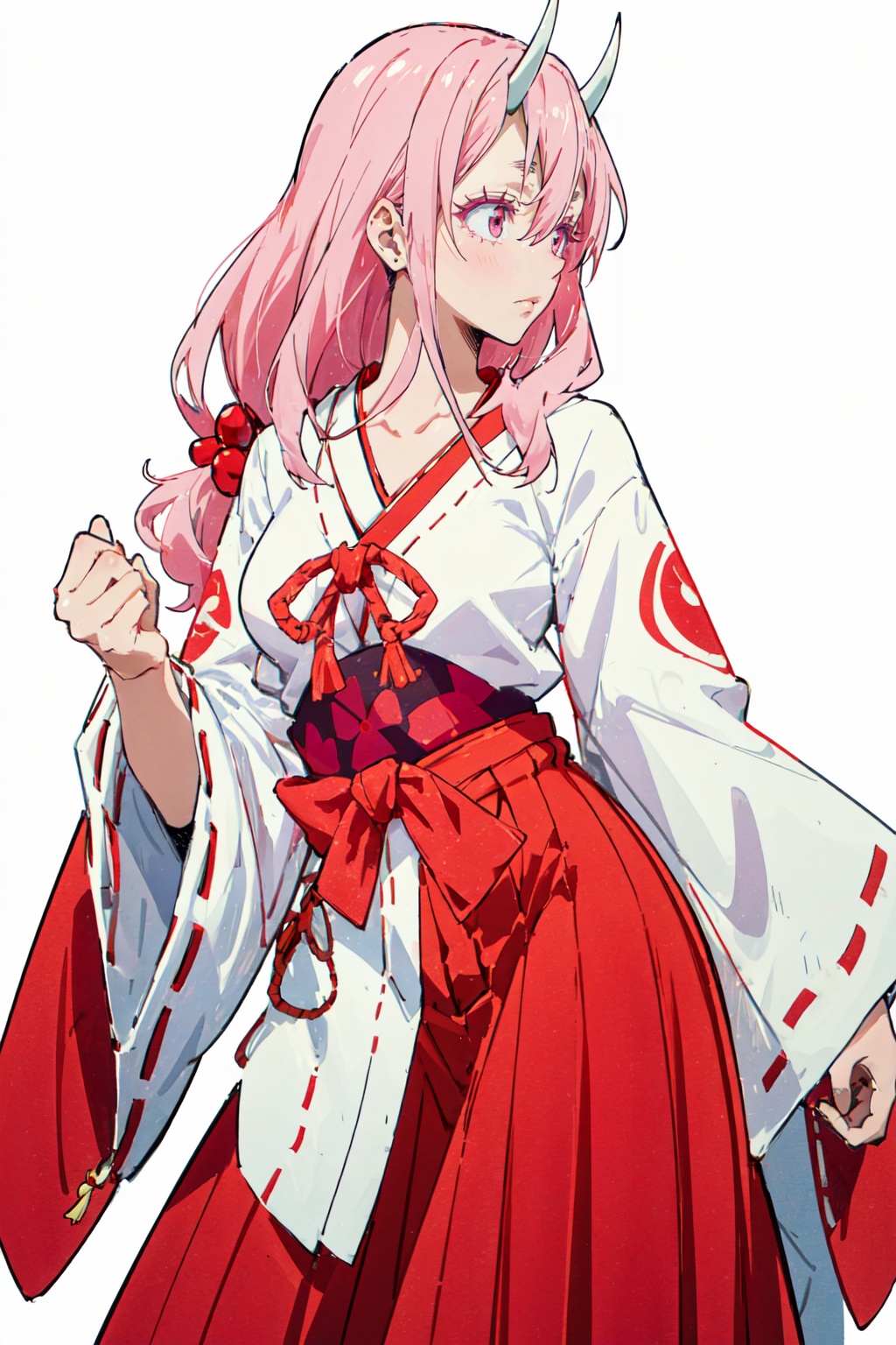 1girl,looking at viewer,solo,oni,horns,pink hair,long hair,hair between eyes,red eyes,pink eyes,miko,japanese clothes,red hakama,ribbon trim,ribbon-trimmed sleeves,hakama,white kimono,skirt,kimono,collarbone,wide sleeves,long sleeves,hakama skirt,red ribbon,breasts,ribbon,<lora:Shuna:0.8>,Shuna_CYQL,profile,beautiful face,beautiful eyes,glossy skin,shiny skin,white background,simple background,posing in front,masterpiece,best quality,beautiful and aesthetic,contrapposto,female focus,wallpaper,fashion,