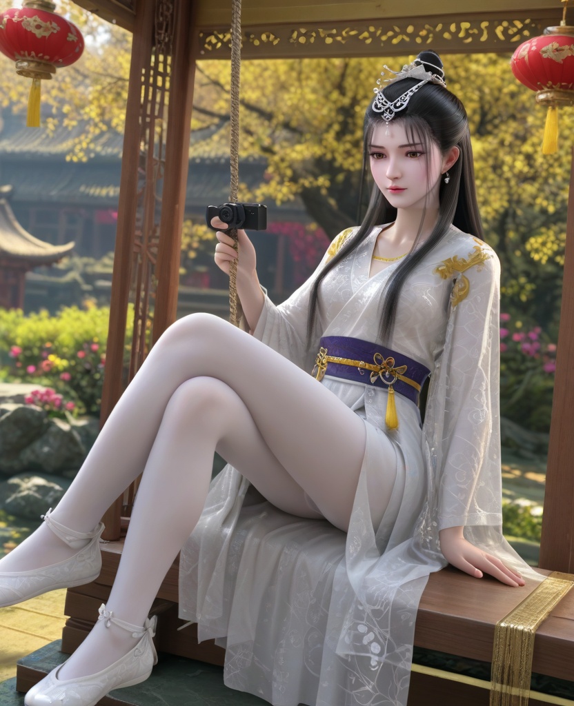 (oriental architecture, elegant decor, sophisticated style:1.1),(Sitting on a swing, holding a camera, capturing a moment while documenting memories,:1.1),(breasts:1.2),<lora:XL墓王之王千亦膤:0.95>,miss qianyixue,white dress with embroidery,brown eyes,black hair,long hair,traditional chinese updo with long front strands,jewelry,see-through coat,sash,white pantyhose with embroidery,, score_9,score_8_up,score_7_up,score_6_up,score_5_up,score_4_up,3d rendering,tag1,tag2, Cinematic Lighting,backlighting,