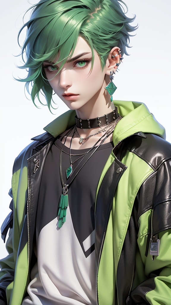 CG,solo,jewelry,jacket,green hair,earrings,necklace,male focus,looking at viewer,1boy,piercing,upper body,short hair,shirt,black jacket,tattoo,ear piercing,leather,leather jacket,collar,chain,neck tattoo,closed mouth,open clothes,green shirt,bangs,open jacket,green eyes,chain necklace,choker,lips,eyelashes,messy hair,realistic,makeup,spikes,
