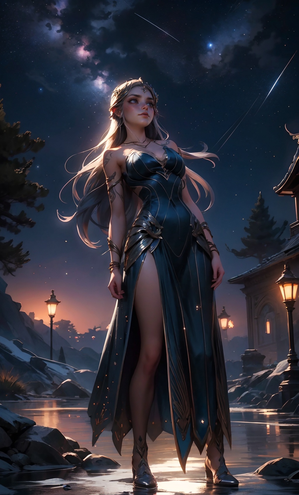 officialart,unity8kwallpaper,ultradetailed,beautifulandaesthetic,beautiful,masterpiece,bestquality,(the gloomy night:1.3),night sky,Sparkling stars all over the sky,dynamicangle,cowboyshot,from below,elegant,abrutalistdesigned,vividcolours,romanticism,atmospheric,1girl,qinyaoR,long hair,Flying Hair,sad,<lora:秦瑶QinyaoR5-000008:0.65>,(the background is Beautiful starry sky:1.2),(Shining Star River:1.2),Stars in the sky,The water reflects the starry sky,magic flash of fantasy,(Chinese style palace in the background:0.),falls in the distance,frost magic,(beautiful fantasy creatures),(a standing posture of leaning over:1),girl,<lora:20231110-1699606410848:0.2>,<lora:EpicSky:0.2>,