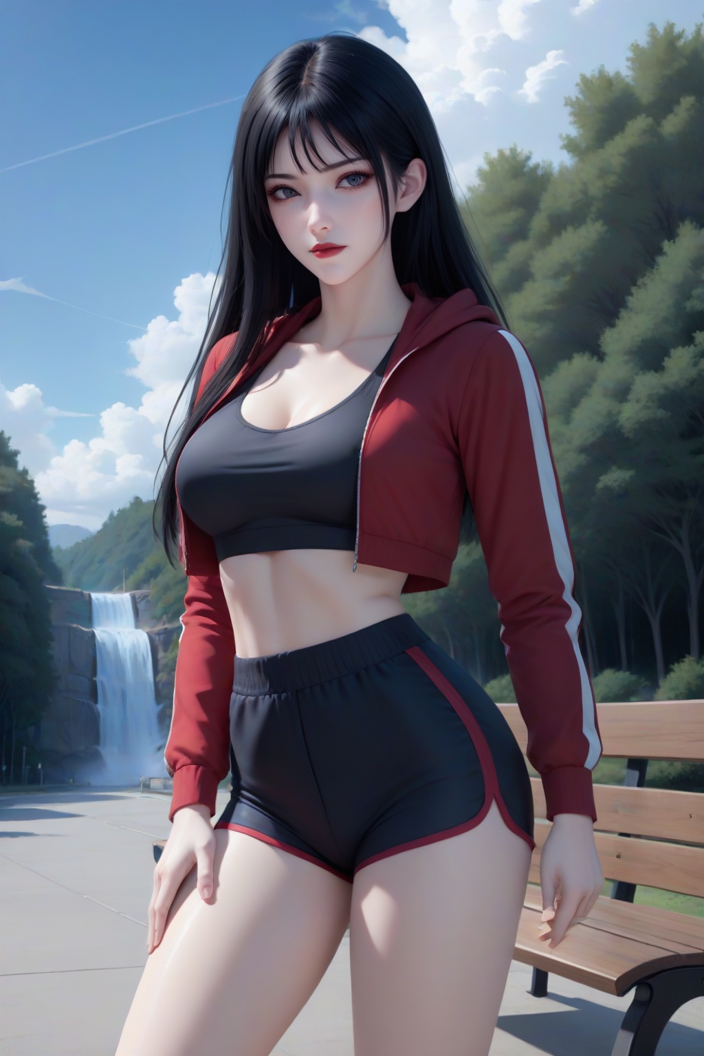 <lora:cailin_bth_v6:0.7>,cailin_bth,1girl,solo,long hair,looking at viewer,red lips,bangs,closed mouth,masterpiece,high quality,highres,absurdres,best quality,8K,high-res detailed,standing,dynamic pose,hand on own hip, hooded_track_jacket,sports bra,cleavage_cutout,shorts,dolphin_shorts,sneakers,white socks,(outdoors,day,waterfall,sky,cloud,park,park bench,lamppost,),<lora:DetailedEyes_V3:0.5>,beautylegs,<lora:beautylegs_x1v02:0.5>,
