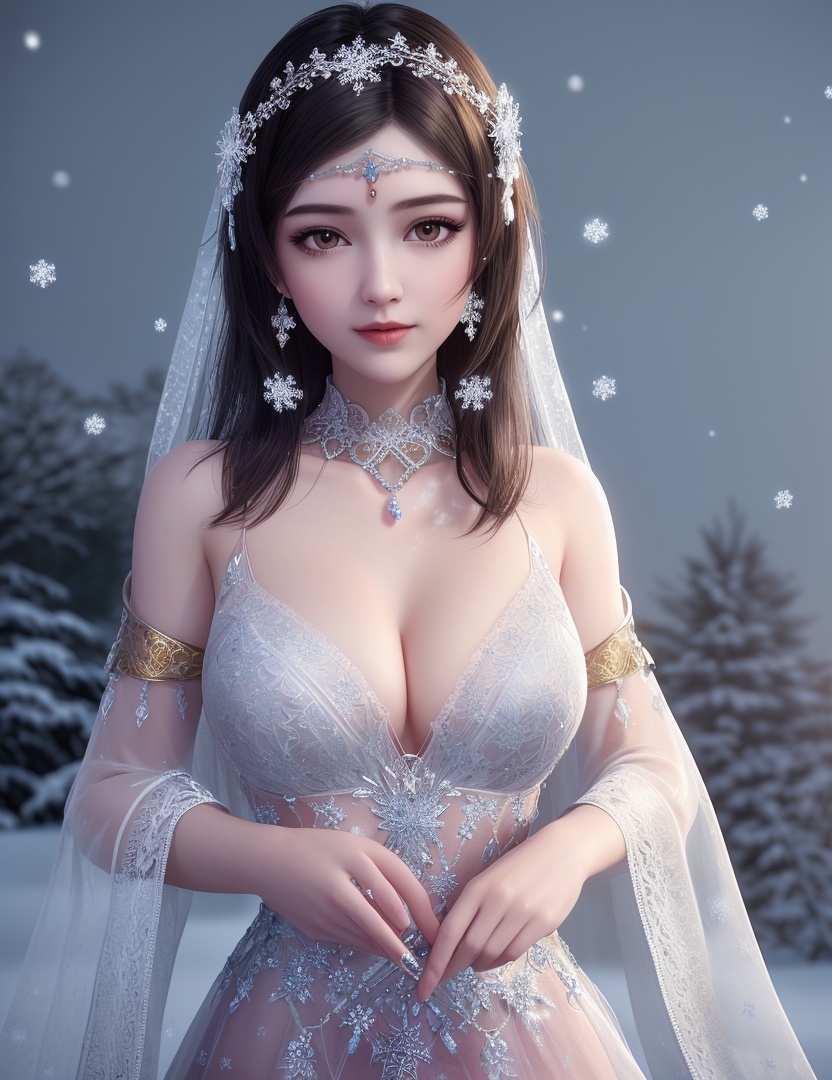 ultra realistic 8k cg, flawless, clean, masterpiece, professional artwork, famous artwork, cinematic lighting, cinematic bloom, perfect face, beautiful face, fantasy, dreamlike, unreal, science fiction,   lace, lace trim, lace-trimmed legwear, luxury, jewelry, diamond, gold, pearl, gem, sapphire, ruby, emerald, intricate detail, delicate pattern, charming, alluring, seductive, erotic, enchanting, hair ornament, necklace, earrings, bracelet, armlet,halo,autumn,((,1girl, pov,best quality, ))  , ((((1girl, solo,outdoors, large breasts,,snowflakes,  snow, snowing,   ))))    <lora:DA_BaiCai:0.6>