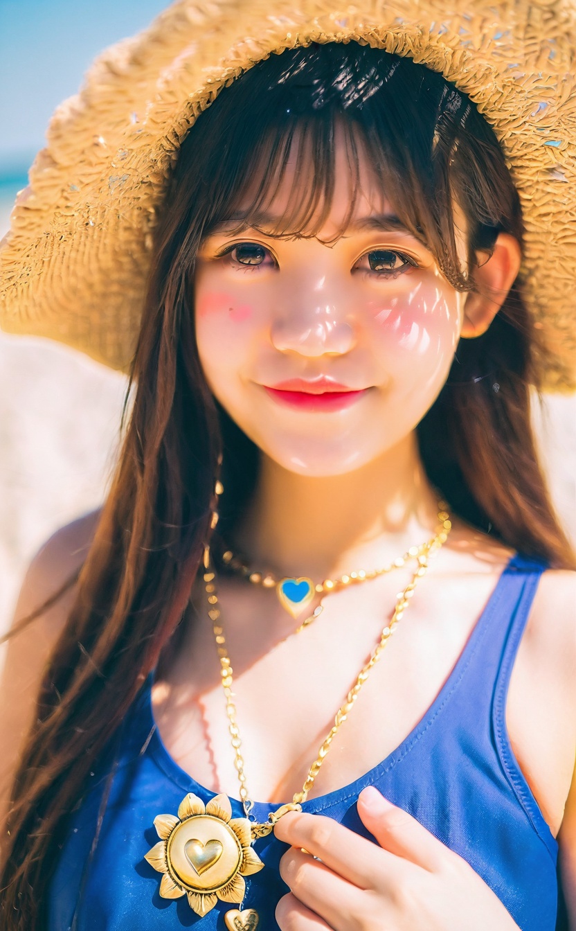 mugglelight, araffe girl with long hair wearing a straw hat and blue dress, 1girl, solo, hat, straw hat, long hair, looking at viewer, necklace, jewelry, heart necklace, smile, heart, brown hair, bangs, day, beach, outdoors, upper body, black hair, sunlight, closed mouth, swimsuit, selfie, sky, ocean, sun hat