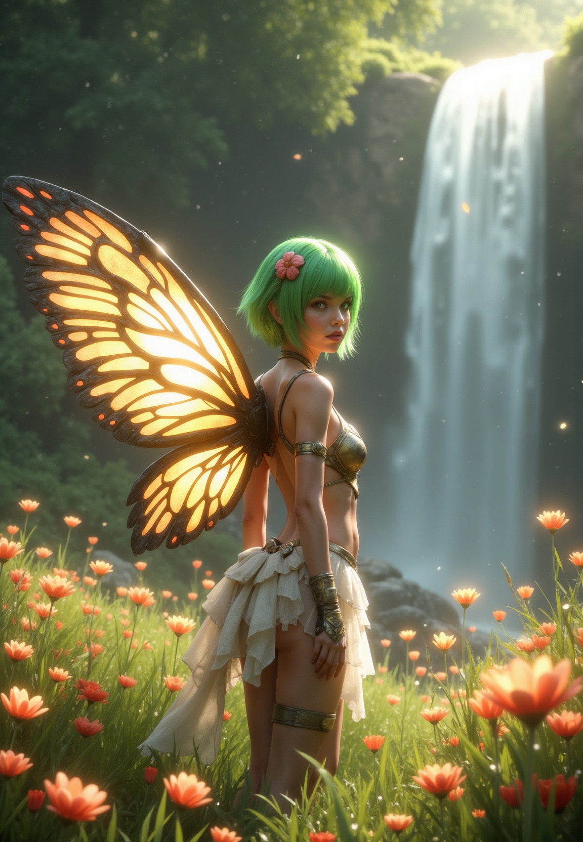 8k uhd,  cinematic view: A airy fantasy angel-winged scandinavian woman with vibrant green hair styled in a bob cut,  ador...