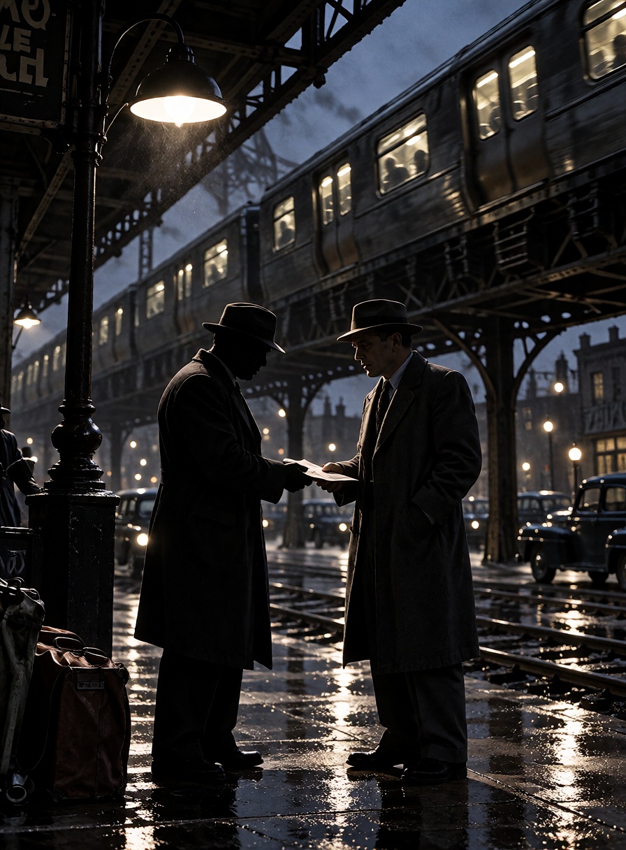 Two ***** men exchange an envelope beneath an elevated railway while a train roars overhead. One remains hidden in shadow;...