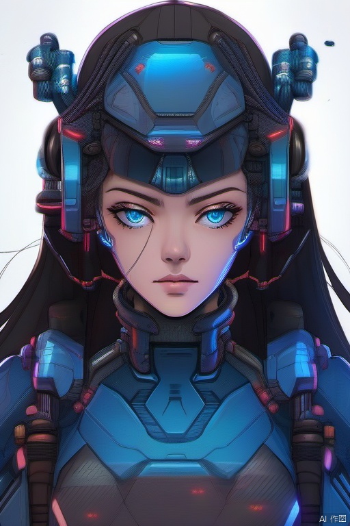 1girl,  solo,  long hair,  looking at viewer,  blue eyes,  black hair,  lips,  gradient,  gradient background,  headgear,  portrait,  colored sclera,  science fiction,  realistic,  nose,  android,  cyborg,  neon trim,  cyberpunk,  mechanical parts