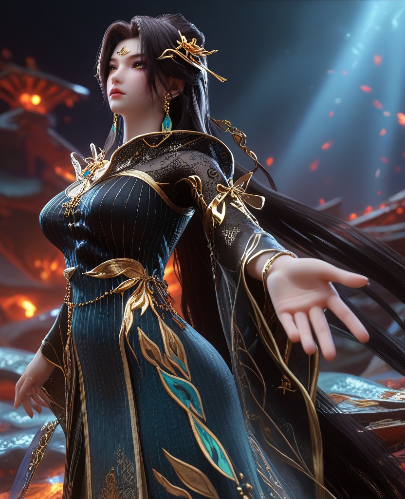 (clapping hands:1.1),(large breasts:1.2),<lora:XL16云深不知梦羲和第9集:0.95>,miss xihe,ombre gown,yellow eyes,forehead jewel,black hair,absurdly long hair,traditional chinese updo with long cascading hair,hair ornament,jewelry,earrings,wide sleeves,boots,eyeshadow,, score_9,score_8_up,score_7_up,score_6_up,score_5_up,score_4_up,3d rendering,tag1,tag2, Cinematic Lighting,backlighting,