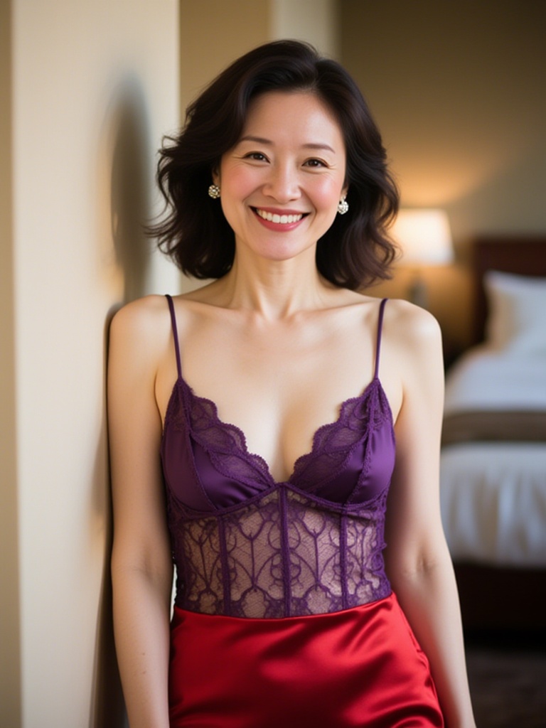 ss, an attractive Asian woman with a medium build, wearing a deep purple lace top and a red satin skirt. She has shoulder-length dark hair, and is smiling warmly. She stands against a beige wall in a softly lit room with a bed and lamp in the background.<lora:SA-T-女性主义_S40.4:1>