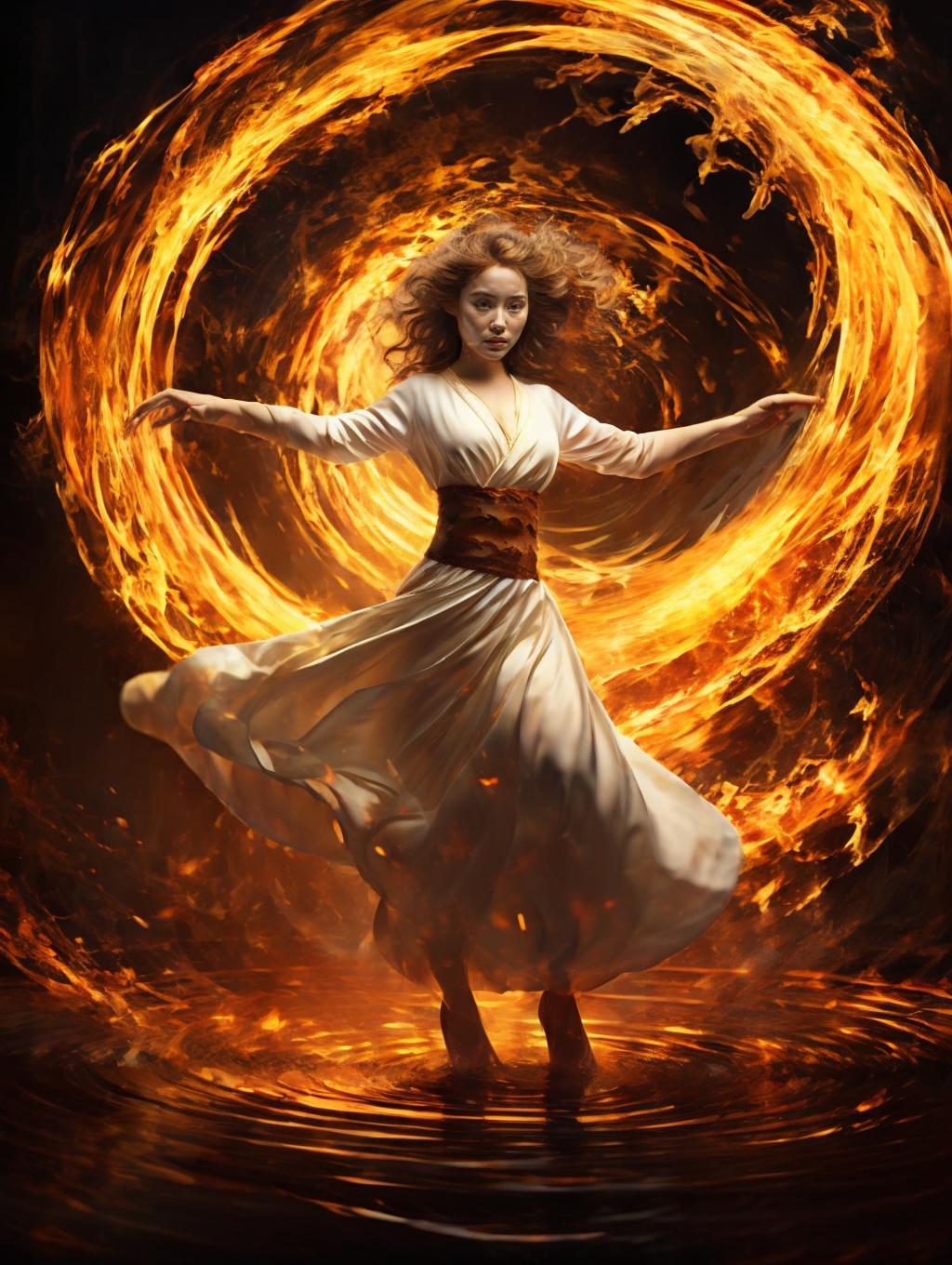 1girl,18 years old, white romper,dancing,solo,full_shot,fire,HWXY