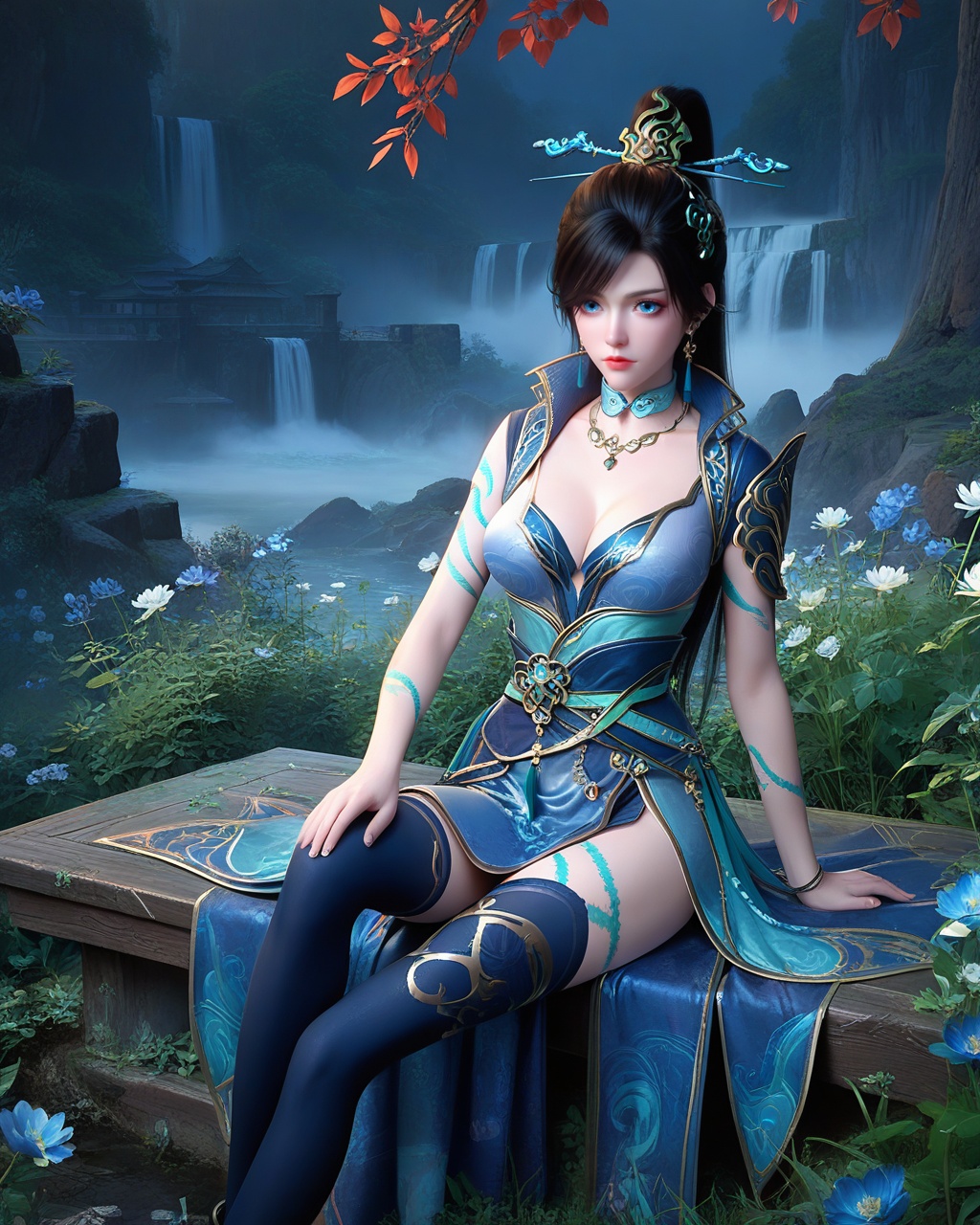 score_9,score_8_up,score_7_up,1girl,long hair,breast,medium breast,earrings,hair_ornament,dress,high quality,outdoors,sitting,gaden,flower,<lora:wy_qinglin_XL7.0:0.8>,black hair,blue eyes,arm_tattoo,socks_over_thighhighs,