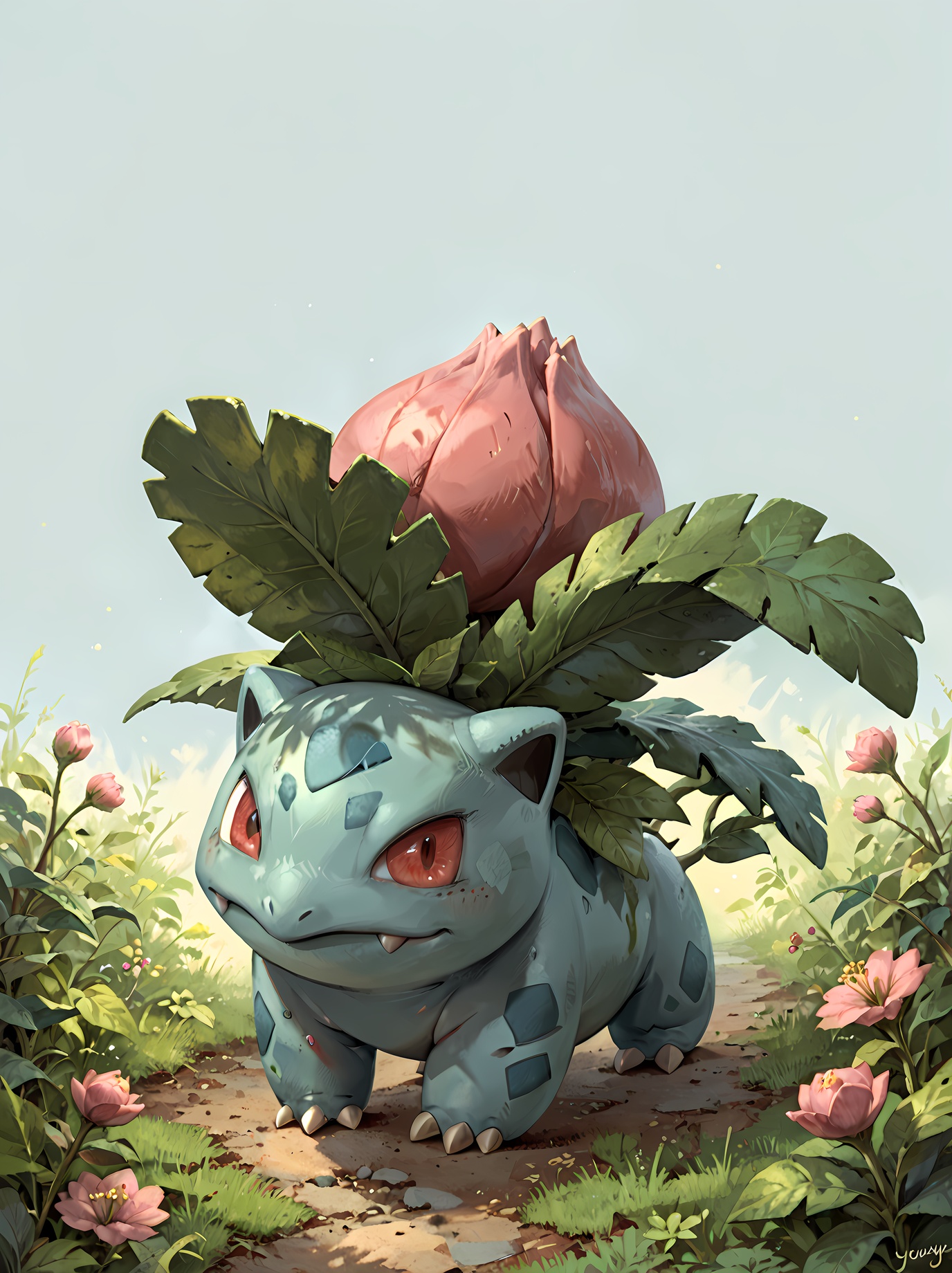 masterpiece,female ivysaur,score_9,score_8_up,score_8_up,source_furry,bud,a pink bud on the back,red eyes,green body,full body,simple background,(Green leaves on the back:0.8),(vines:0.6),(3 toes:1.2),pokemon \(creature\),claws,red eyes,<lora:ivysaur pony:1>,absurdres,moody lighting,