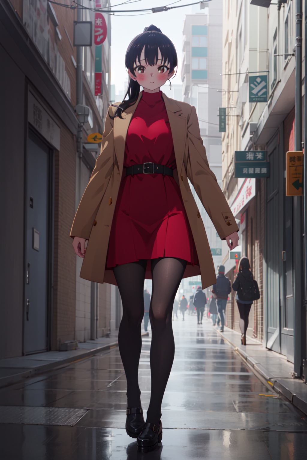 masterpiece,best quality,8k,ultra-detailed,1girl,solo,full body,looking at viewer,standing,<lora:lora-000007.by_tusi:0.8>,Anna_CYQL,black hair,long hair,bangs,ponytail,brown eyes,blush,brown coat,coat,turtleneck,red dress,jacket,dress,long sleeves,pantyhose,BREAKModern residential neighborhood in city, Houses, Streets, Families, Community,