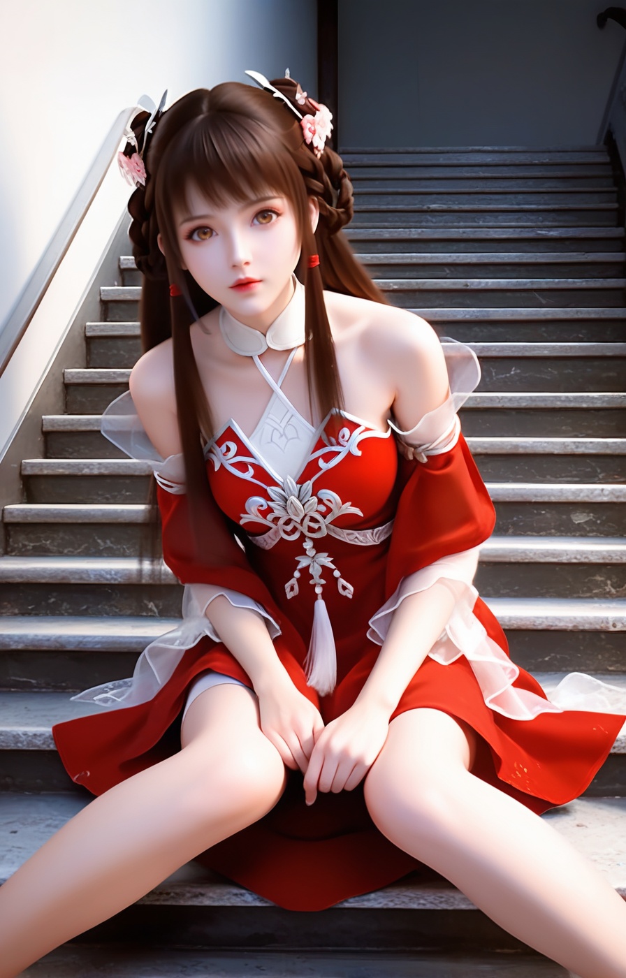 score_9,score_8_up,score_7_up,break.,1girl,solo,high quality,brown eyes,hair ornament,realistic,sitting on stairs,Looking from bottom to top,looking at viewer,(pale skin),g,1girl,solo,long hair,blush,dynamic pose,<lora:wy_huolinger_sn_XL7.0:0.8>,brown hair,brown eyes,red dress,