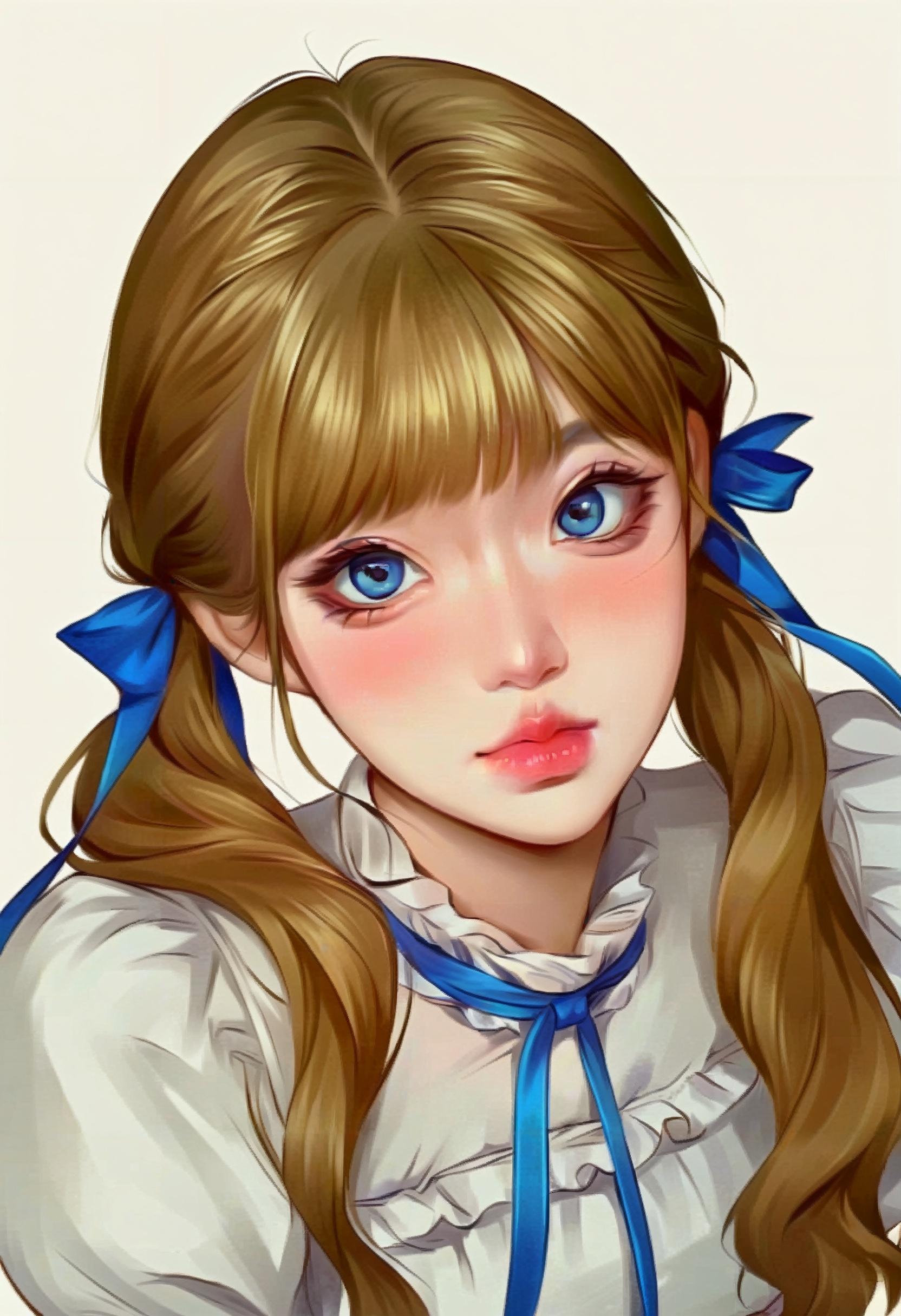 (画风22:1),upper body, oblique light, oval face, ears, exquisite nose, black long eyelashes, blunt bangs, 1girl, blonde hair, blue eyes, long hair, blue hair ribbon, closed mouth, white dress, pink lips, hair bow, puffy sleeves, wavy hair, realistic style, twintails, blush, frills, simple background, from above, digital illustration