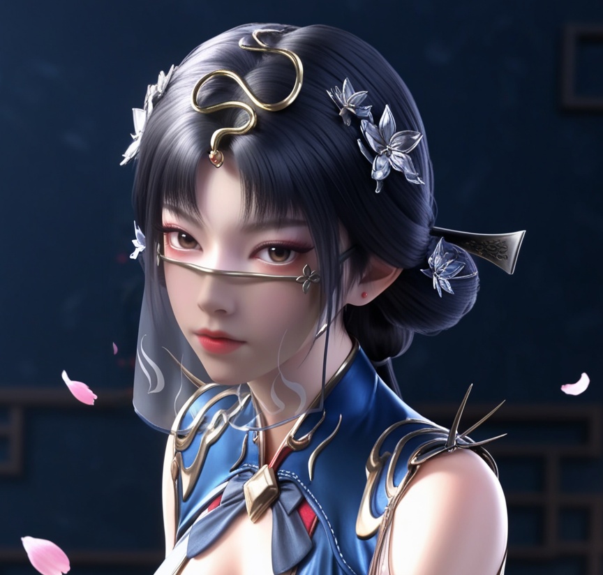 masterpiece,best quality,amazing quality,high resolution,ultra-detailed,absurdres,(looking at viewer:1.1),upper body,(Dark room:1.3),(moody lighting:1.1),peach blossom,falling petals BREAK large breasts,jinxiaochai,1girl,solo,dress,black hair,hair ornament,blue dress,chinese clothes,clothing cutout,gloves,mouth veil,brown patterned thigh-high stockings,fishnet texture,cleavage cutout,long hair,hair bun,realistic,shoes BREAK photorealistic details,<lora:QQSilljinxiaochaiV1:0.8>,