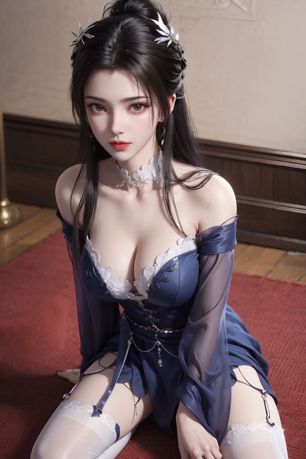 1girl,bare shoulders, black hair, breasts, brown eyes, cleavage, hand on own chest, kneeling, long hair, looking at viewer, off shoulder, solo, thighhighs, white legwear  <lora:李沐婉:0.8>