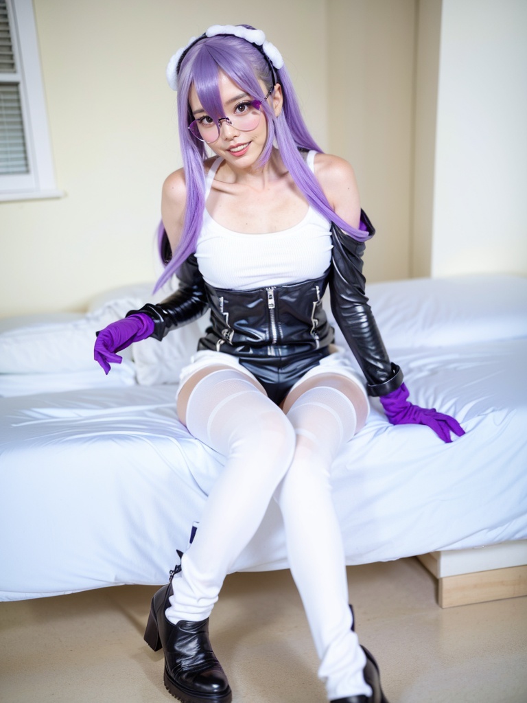 1girl, kafka \(honkai: star rail\), purple eyes, purple hair, eyewear on head, gloves, solo, looking at viewer, shorts, long hair, white shirt, shirt, purple gloves, sitting, sunglasses, jacket, breasts, purple pantyhose, pantyhose, high-waist shorts, bare shoulders, black jacket, round eyewear, boots, parted lips, black shorts, long sleeves, smile, off shoulder, single thigh boot, medium breasts, open mouth, thighs