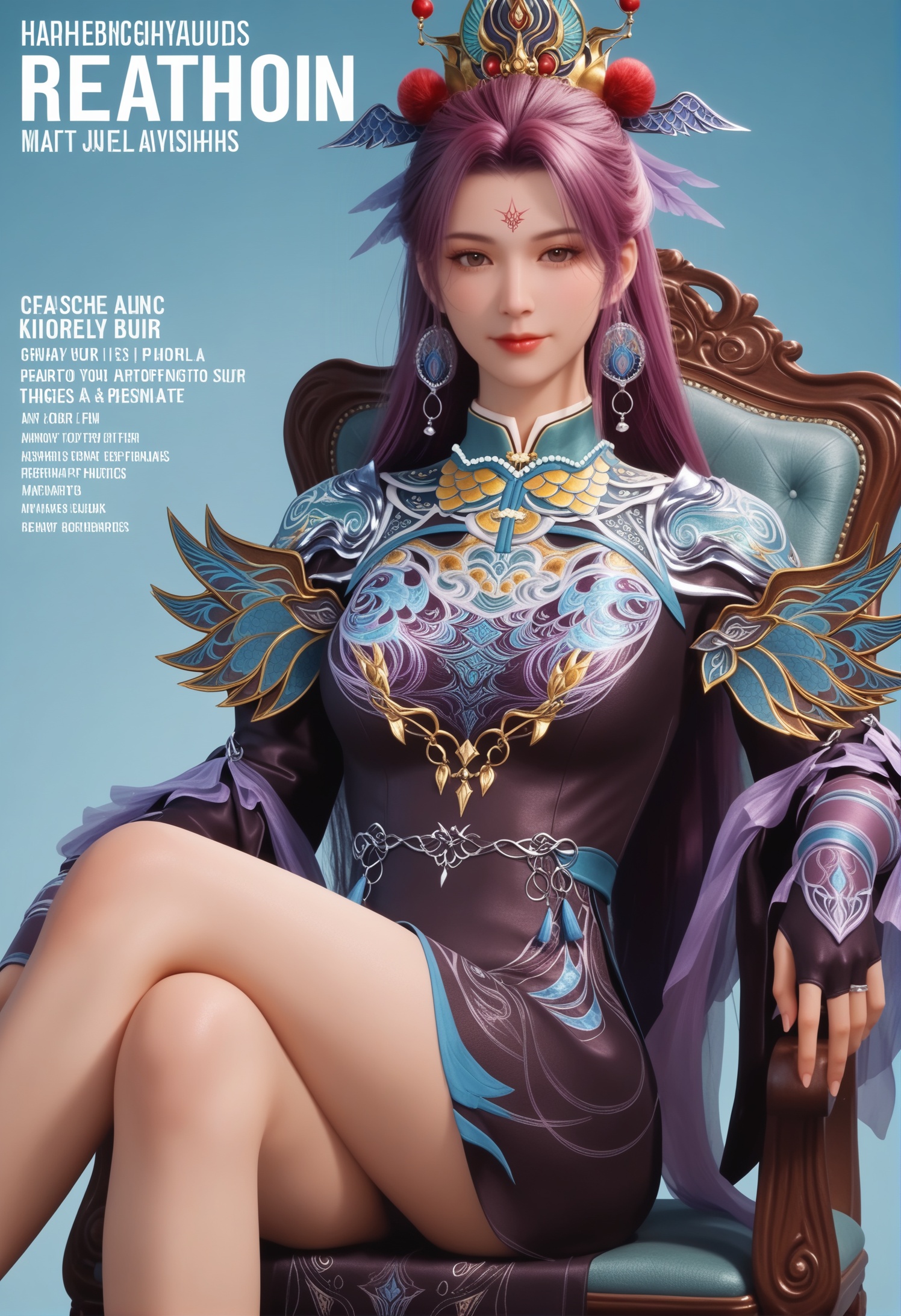 score_9,score_8_up,score_7_up,1girl,solo,realistic,(looking at viewer:1.1),1girl,solo,realistic,dress,chinese clothes,long dress,embroidery,dragon print,armor,shoulder armor,long sleeves,gold trim,feathered wings,breastplate,black dress,fingerless gloves,1girl,solo,realistic,jewelry,tiara,beads,gem,hair ornament,wings,feather hair ornament,hair stick,earrings,necklace,tassel,hoop earrings,bead necklace,bracelet,1girl,solo,realistic,(mature face:1.2),big eye,(pale_skin:1.1),shiny_skin,slender face,long hair,black hair,hair bun,black eyes,forehead mark,facial mark,eyelashes,closed mouth,realistic,solid background,simple background,(magazine cover theme:0.75),sitting,(crossed_legs:1.4),(white chair:0.8),<lora:小巳-司幼幽:0.85>,