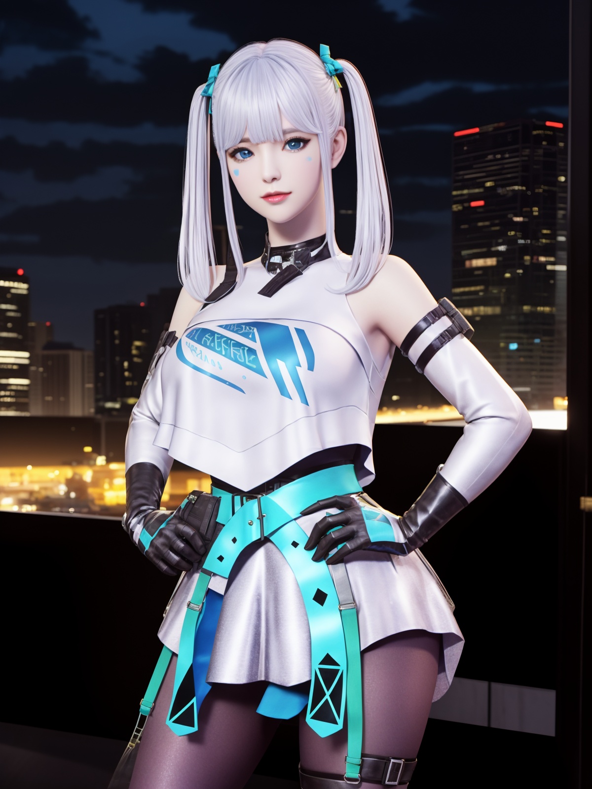CFwangzheqingyaBW, 1girl, solo, twintails, blue eyes,elbow gloves, thigh boots, looking at viewer, pantyhose, white hair, bangs, dress, belt,bare shoulders, <lora:CFwangzheqingyaBW:0.75>,cityscape, night, 