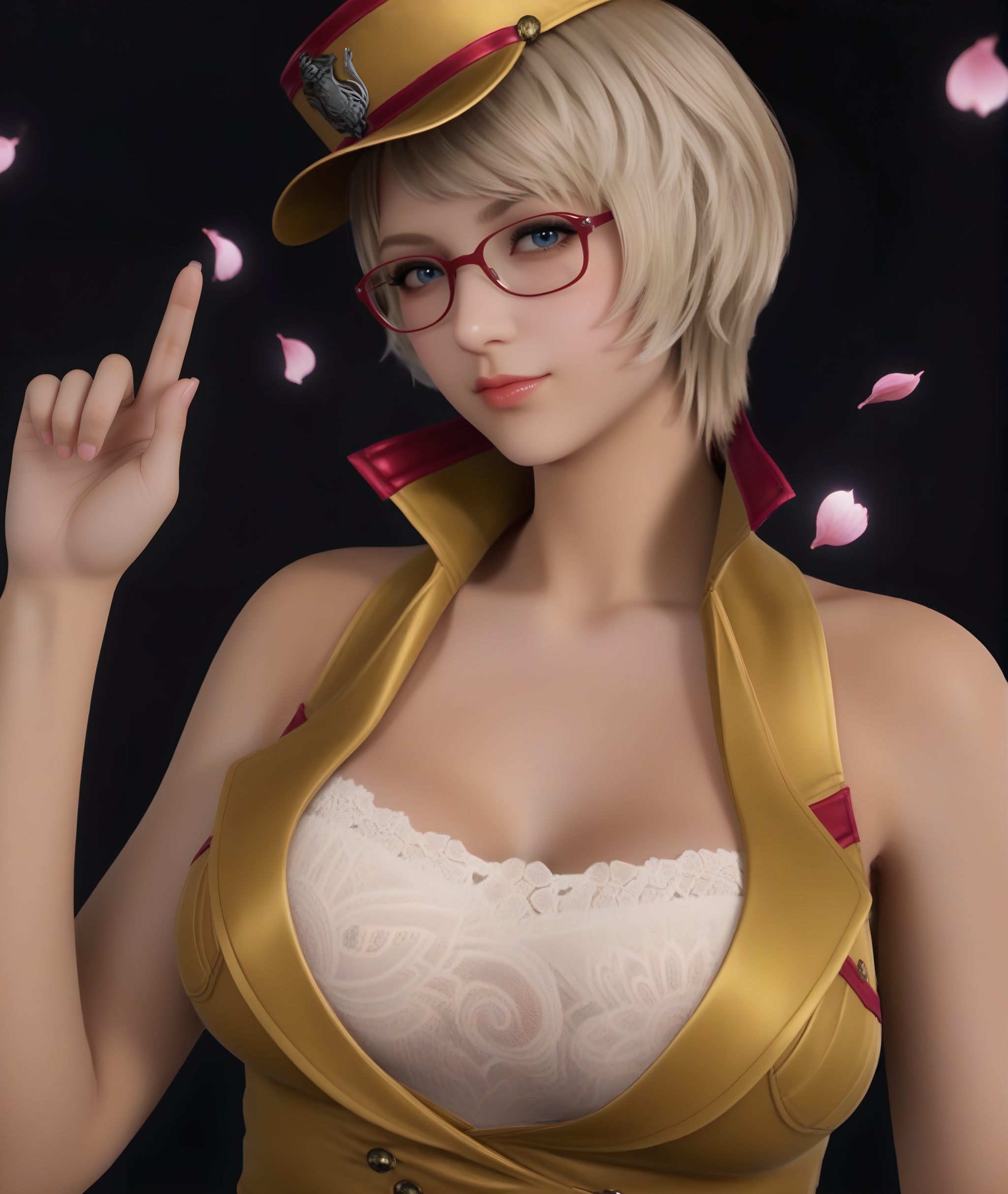 (score_9),plump,curvy,mature female,<lora:潜-灵狐-pony:0.85>,1girl,solo,blonde hair,short hair,blue eyes,halter dress,white bra,lace bra,high collar,bare shoulders,military hat,collarbone,(adjusting_eyewear:1.1),red-framed eyewear, (middle_finger),upper body,looking at viewer,BREAK<lora:e肤色滑块:0.8>,(white_skin),(sweaty skin),(Ivory_skin),light_skin,very sweaty,(shiny_skin),(fair_skin),twig,branch,falling petals,simple background,black background,rim light,Volumetric Lighting,lens flare,Tyndall effect,depth of field,bokeh,sparkle,