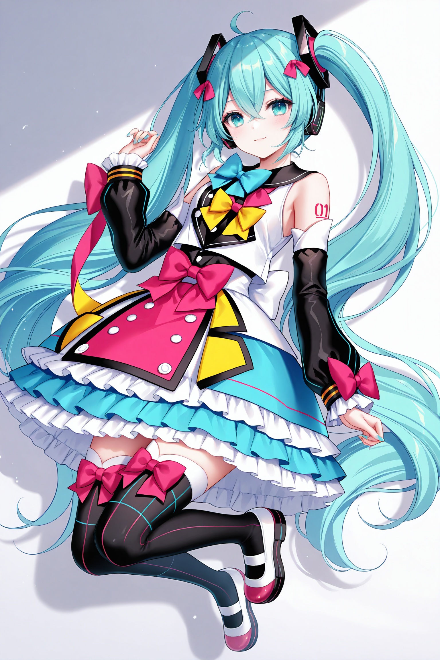 masterpiece,best quality,newest,absurdres,highres,soft shadows,photorealistic,(chen bin:0.5),(hiten \(hitenkei\):0.4),(rimuu:0.5),(mignon:0.5),(sheya:0.6),<lora:MMM2018XLNAI:1>,magical mirai miku \(2018\), black sleeves, ribbon, bowtie, headphones, uwabaki, hair ornament, detached sleeves, multicolored dress, frilled dress, blue bow, bow legwear, platform footwearfull body,