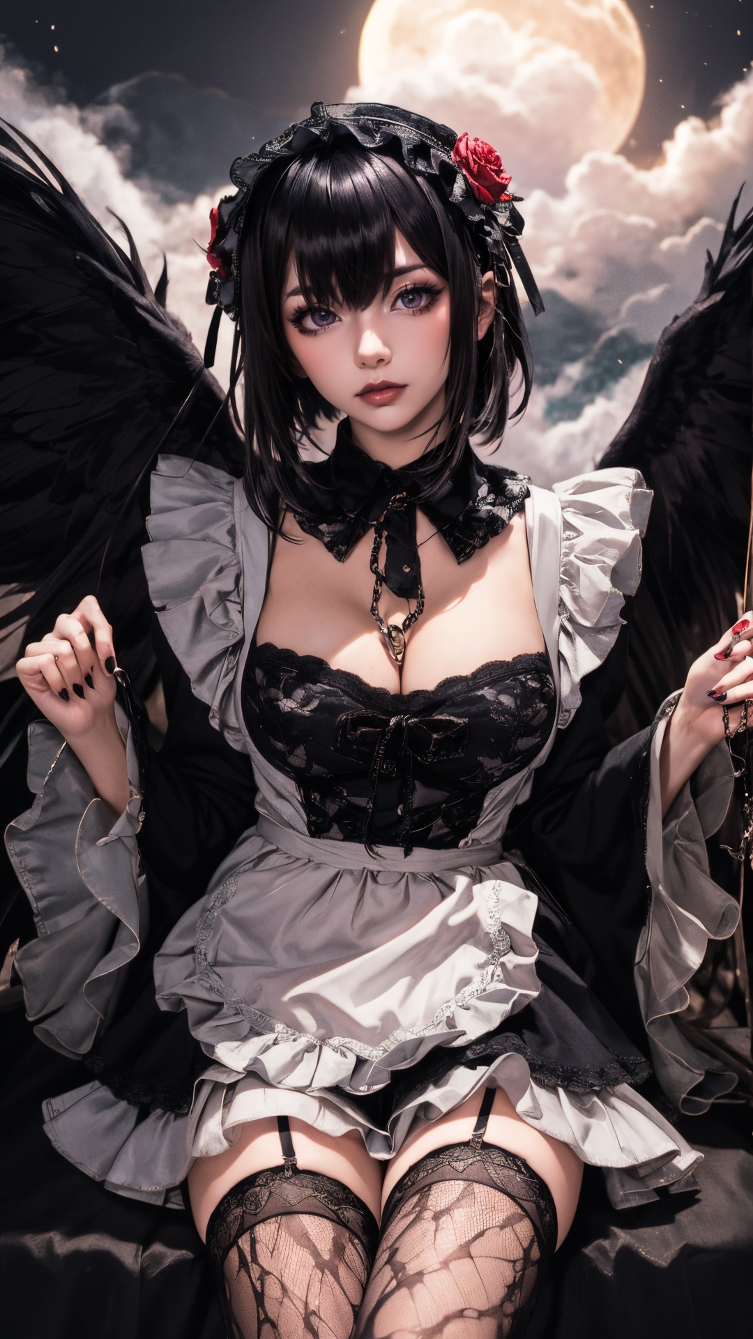 tutututu,1girl,solo,Kuroe Shizuku,lolita fashion,apron,pantyhose,gothic lolita,black dress,frills,hair flower,hair ornament,chain leash,black nails,wide sleeves,lace trim,long sleeves,rose,black footwear,black necktie,maid,fishnets,maid headdress,detached collar,red flower,thighhighs,hairband,chain,floral print,lolita hairband,garter straps,black thighhighs,lace,<lora:Kuroe Shizuku_Lolita-000007:0.5>,((best quality)),((masterpiece)),(detailed),alluring succubus,ethereal beauty,perched on a cloud,(fantasy illustration:1.3),enchanting gaze,captivating pose,delicate wings,otherworldly charm,mystical sky,(Luis Royo:1.2),(Yoshitaka Amano:1.1),moonlit night,soft colors,(detailed cloudscape:1.3),(high-resolution:1.2),