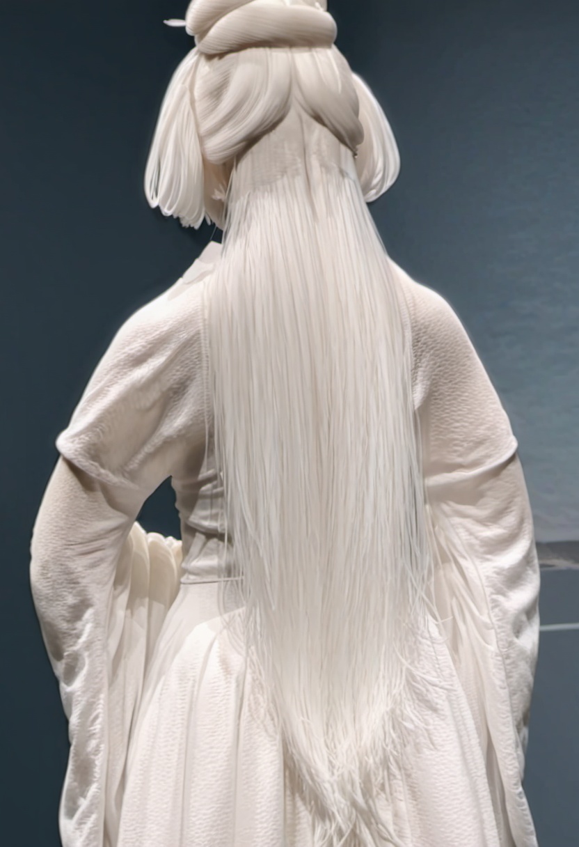 dehuabaici,puregirl<lora:dehuabaiciSDXL-000011:0.85> <lora:puregirl-000007:0.15> white porcelain, An oriental woman wearing a white Hanfu dress with white hair and a white background.with her back to the camera.