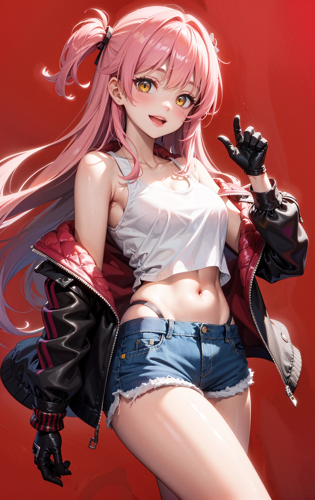 pink_hair, 1girl, shorts, jacket, long_hair, denim, open_mouth, denim_shorts, open_jacket, two_side_up, solo, short_shorts, gloves, bangs, smile, yellow_eyes, looking_at_viewer, red_background, open_clothes, ****_top