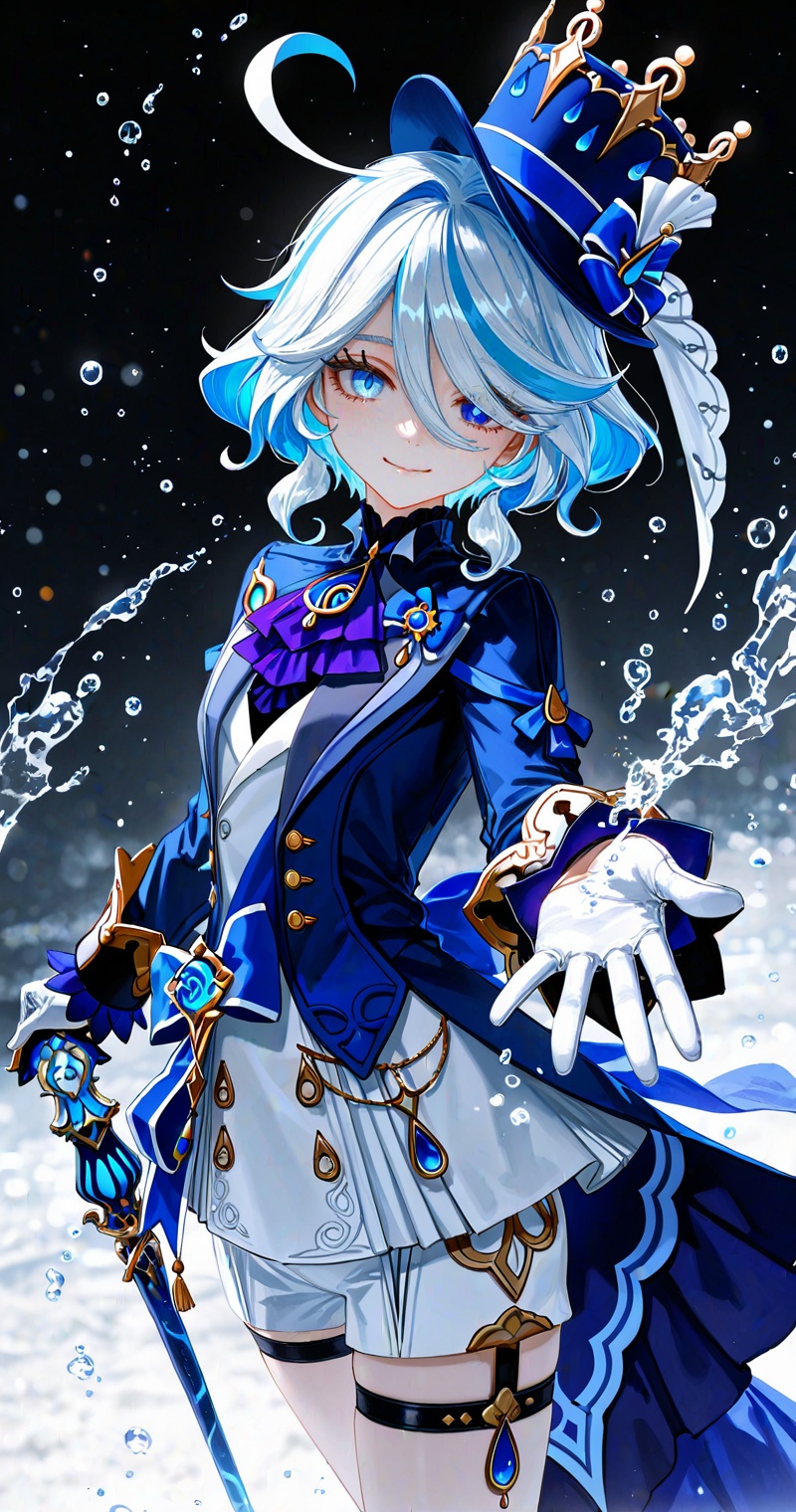 Furina_(genshin_impact),(masterpiece, best quality:1.2),amazing composition,Furina (genshin impact),a powerful shot,a visual impact,a visually striking look,It is a high resolution,best quality concept art,blue eyes,white gloves,solo,smile,looking at viewer,holding cane,white hair,ahoge,1girl,long sleeves,blurry background,cane,blue hair,multicolored hair,weapon,blurry,closed mouth,jacket,holding,top hat,bangs,purple ascot,jewelry,short hair,close-up details,outstanding style,adding a touch of dimension to your images without compromising details,whirls of vapor,iridescent textures,(Anime:1.1),ethereal ambiance,delicate details,magical high-concept,32K UHD,sharp focus,best-quality,masterpiece,golden hour,unconventional supreme masterpiece,masterful details,temperate atmosphere,with a high-end texture,in the style of fashion photography,photography,cover,dynamic angle,dynamic posture,(artist:quasarcake:0.8),extreme aesthetic,(wlop:0.6),(honjou raita, lack, rella:0.5, wanke),masterpiece,best quality,good quality,very aesthetic,absurdres,visual impact,a shot with tension,ultra-high resolution,32K UHD,sharp focus,best-quality,masterpiece,emotionalization,unconventional supreme masterpiece,masterful details,temperate atmosphere,with a high-end texture,in the style of fashion photography,(visual impact:1.2),giving the poster a dynamic and visually striking appearance,impactful picture,official art,colorful,splash of color,movie perspective,masterpiece,best quality,amazing quality,very aesthetic,absurdres,best quality,newest,