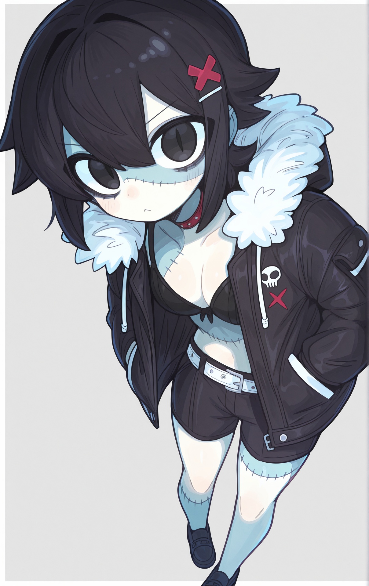 artist:ketopon, 1girl, :<, belt, black bra, black eyes, black hair, black jacket, black shoes, black shorts, bra, choker, closed mouth, drawstring, film grain, flipped hair, frown, fur-trimmed jacket, fur trim, grey background, hair between eyes, hair ornament, hairclip, hands in pockets, jacket, long sleeves, looking at viewer, monster girl, open clothes, open jacket, patchwork skin, red choker, scar, scar on leg, shoes, short hair, shorts, slit pupils, underwear, v-shaped eyebrows, white belt, zombie,masterpiece,best quality,good quality,newest,year 2024,year 2023,very aesthetic,absurdres,Visual impact,A shot with tension,ultra-high resolution,32K UHD,sharp focus,best-quality,masterpiece,<lora:ketopon_v0.1_Illustrious-000034:1>,