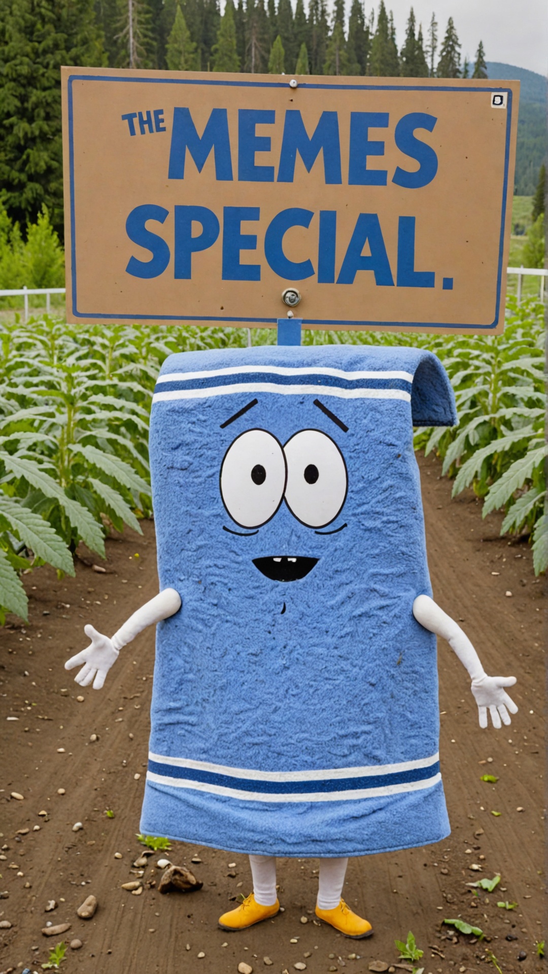 Photo of Towelie at weed farm with a sign that says "Memes XL Special" on Tensor.Art