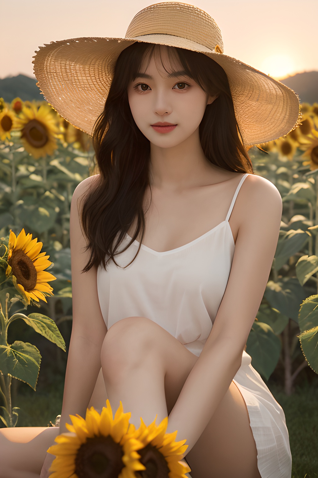 <lora:0813_02:0.7>,a girl with a sun hat, sitting in a field of sunflowers, bathed in the golden glow of sunset, warm hues, peaceful ambiance, natural beauty.korean girl,black hair,, 1girl,realistic,masterpiece, best quality, photorealistic, HDR,detail