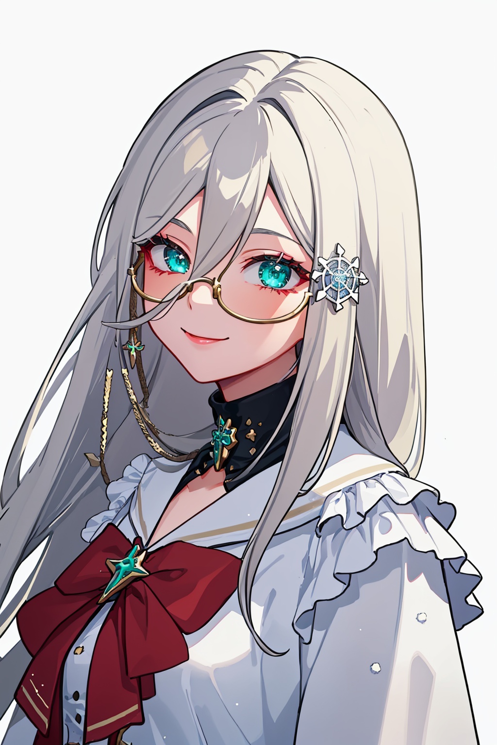 masterpiece,best quality, highly detailed, 1girl,aia amare,looking at viewer,smile,solo,virtual youtuber,white gloves,eyewear strap,long sleeves,red bow,snowflake hair ornament,closed mouth,white background,white dress,hair over shoulder,portrait,upper body,<lora:aia_amare:1>