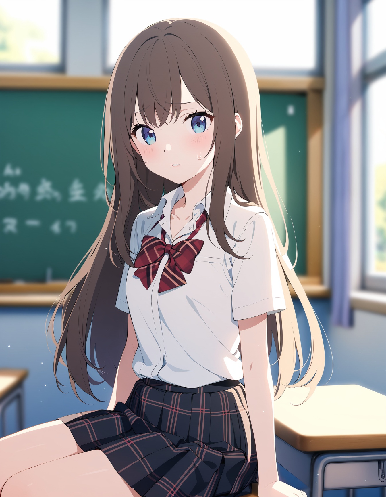 1girl,classroom,indoors,skirt,desk,school uniform,shirt,blue eyes,looking at viewer,solo,blush,white shirt,bow,school desk,long hair,window,collared shirt,bowtie,short sleeves,blurry,chair,sitting,brown hair,school chair,black skirt,plaid,parted lips,plaid skirt,red bow,chalkboard,collarbone,pleated skirt,sunlight,blurry background,sweatdrop,paper,depth of field,red bowtie,