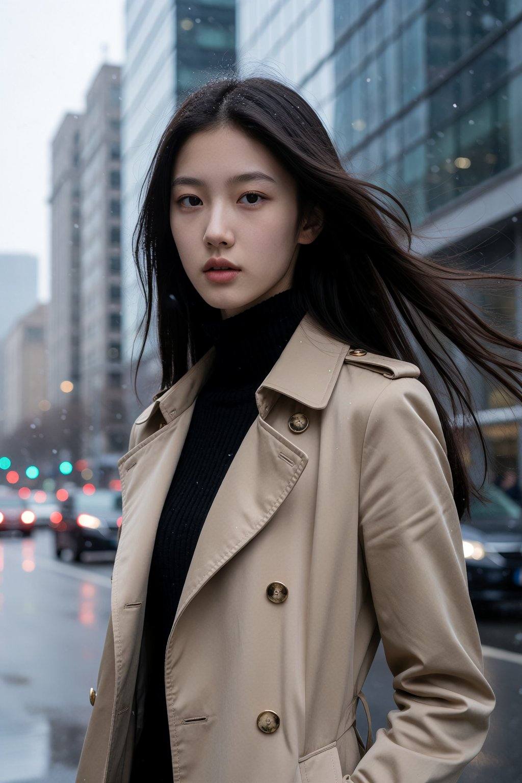 This is a high-resolution photograph of a young East Asian woman standing in a busy city street during a light snowfall. S...