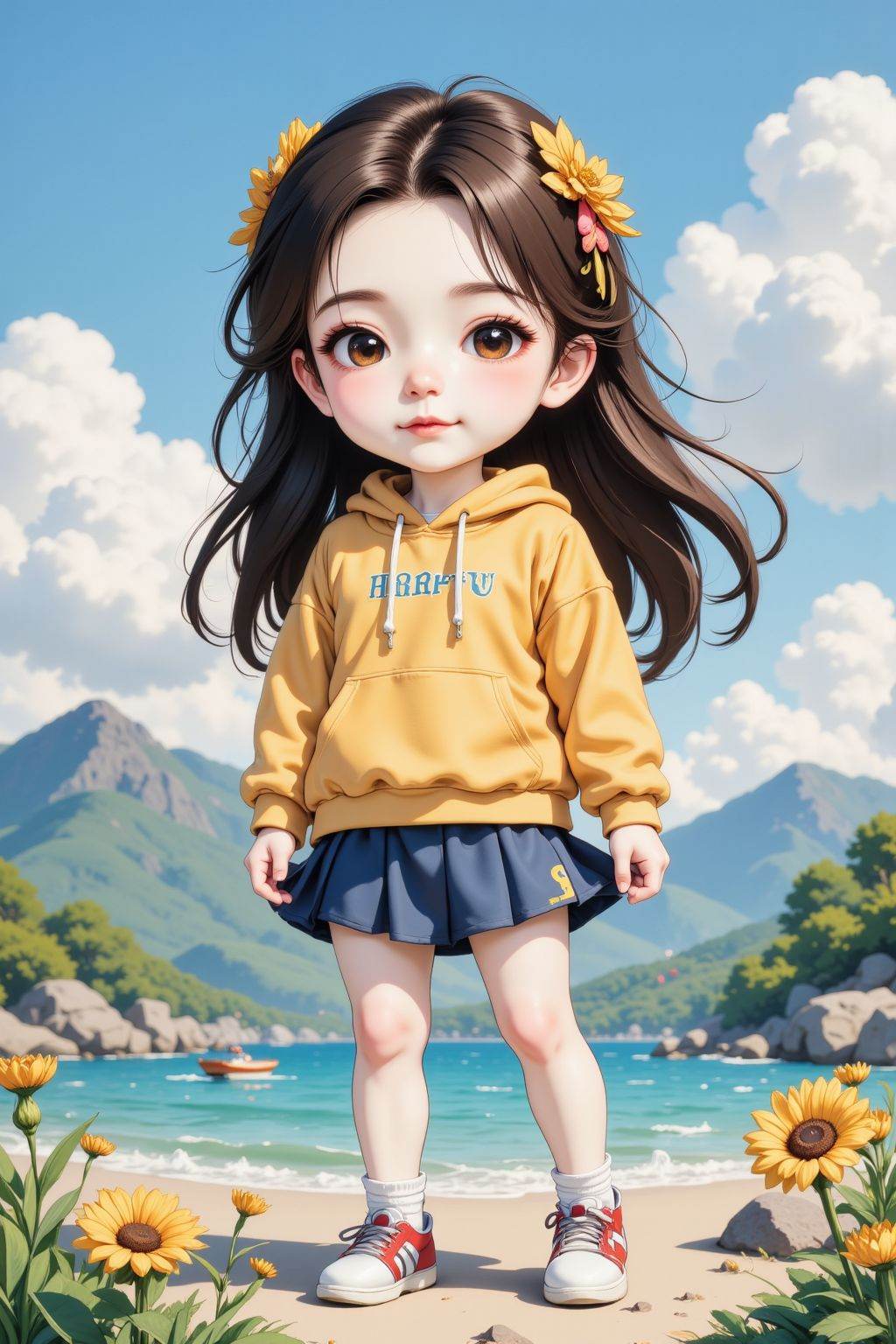 Flat 2D Art, Flat poster illustration, Flat poster illustration, Flat style illustration, chibi, 1girl, solo, brown eyes, brown long hair, hoodie, pleated skirt, shoes, outdoors,