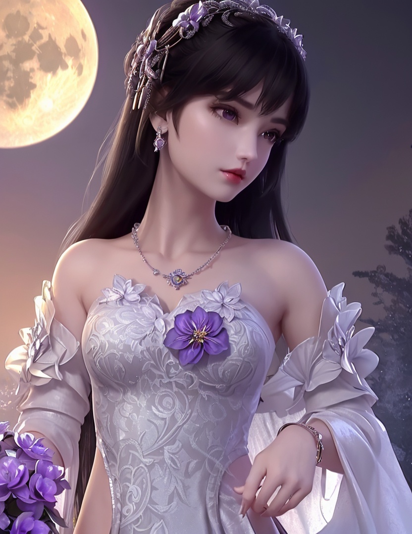 ultra realistic 8k cg, picture-perfect face, flawless, clean, masterpiece, professional artwork, famous artwork, cinematic lighting, cinematic bloom, perfect face, beautiful face, fantasy, dreamlike, unreal, science fiction,   lace, lace trim, lace-trimmed legwear,  (rich:1.4), prestige, luxury, jewelry, diamond, gold, pearl, gem, sapphire, ruby, emerald, intricate detail, delicate pattern, charming, alluring, seductive, erotic, enchanting, hair ornament, necklace, earrings, bracelet, armlet,halo((,1girl, pov,))(((1girl, jewelry, solo,, breasts, , looking_at_viewer,  outdoors,  full moon,  upper body,  purple flower, )))    <lora:DA_YueChanTeen:0.7>