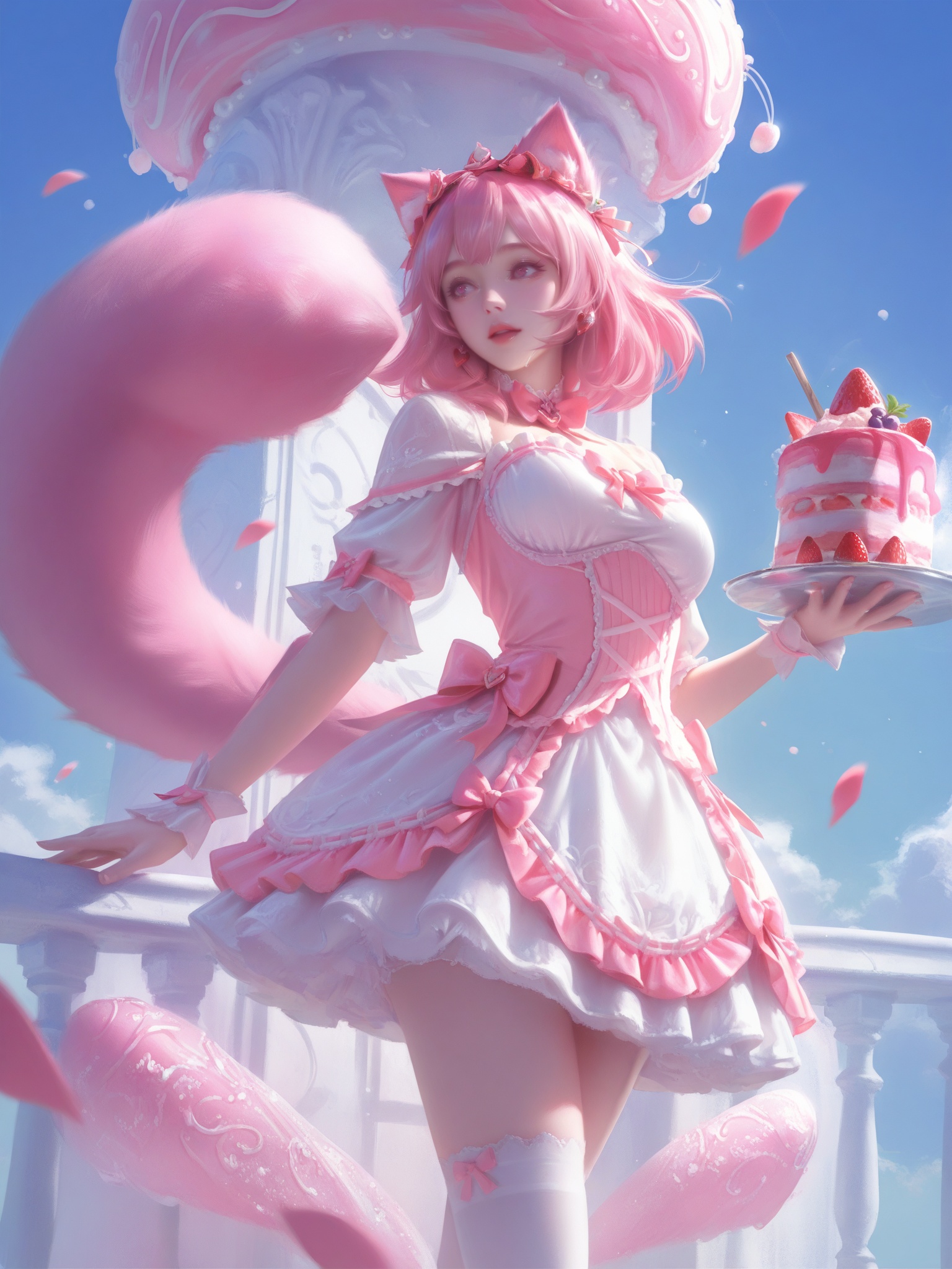 Masterpiece,best quality,a pink-haired twin-tail girl in cream lolita dress,holding a giant strawberry sundae,standing in front of a macaron wall. Surrounded by colorful candies,frosted cakes,floating cotton candy clouds above. Warm soft light,dreamy dessert style,sweet details.,reoen,absurdres,realistic,best-quality,masterpiece,with a high-end texture,