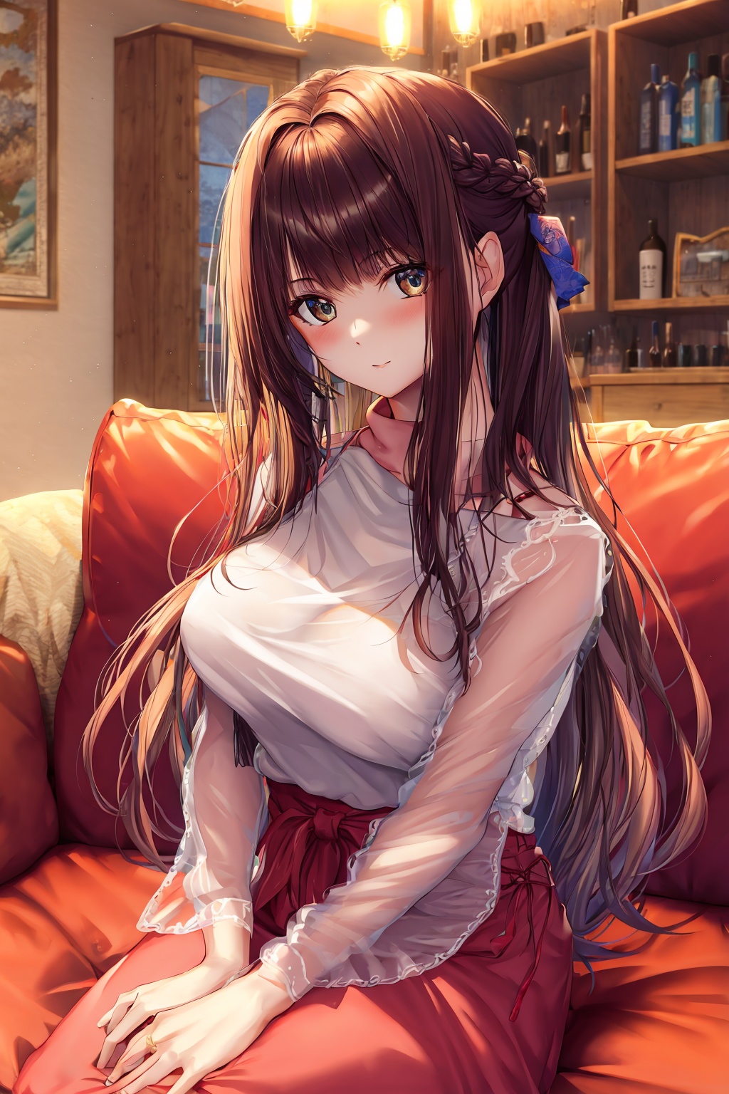 <lora:艺术家_ピロ水1:1>, 8k, best quality, ultra high res, (masterpiece:1.3),  1girl,  single braid long hair, half updo side braid,  blunt bangs, living room with indoor lights, relaxed atmosphere,see-through
